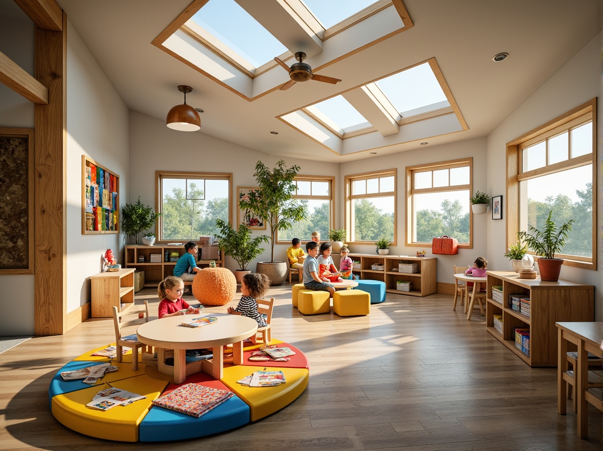 Prompt: Vibrant kindergarten, playful atmosphere, natural lighting, large windows, skylights, clerestory windows, soft warm glow, gentle shadows, colorful furniture, educational decorations, interactive play areas, reading nooks, cozy corners, wooden accents, earthy tones, organic shapes, whimsical patterns, stimulating textures, 1/1 composition, shallow depth of field, realistic rendering.