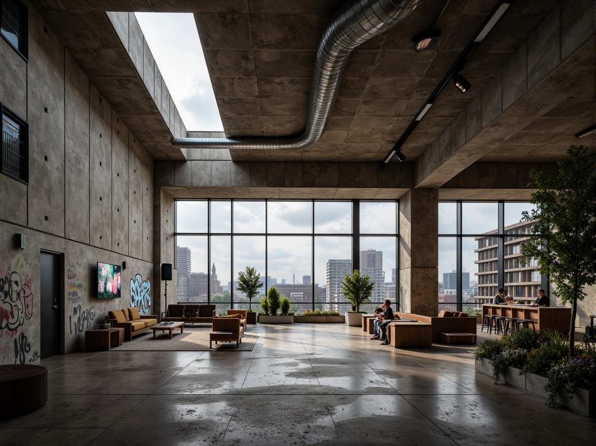 Prompt: Rugged community center, brutalist architecture, raw concrete walls, exposed ductwork, industrial metal beams, natural light pouring in, large skylights, clerestory windows, urban landscape views, gritty cityscape, overcast sky, soft diffused lighting, high contrast shadows, dramatic architectural forms, bold geometric shapes, functional minimalism, communal gathering spaces, reclaimed wood accents, weathered steel features, abstract graffiti art, moody atmospheric tones, cinematic composition, realistic textures, ambient occlusion.