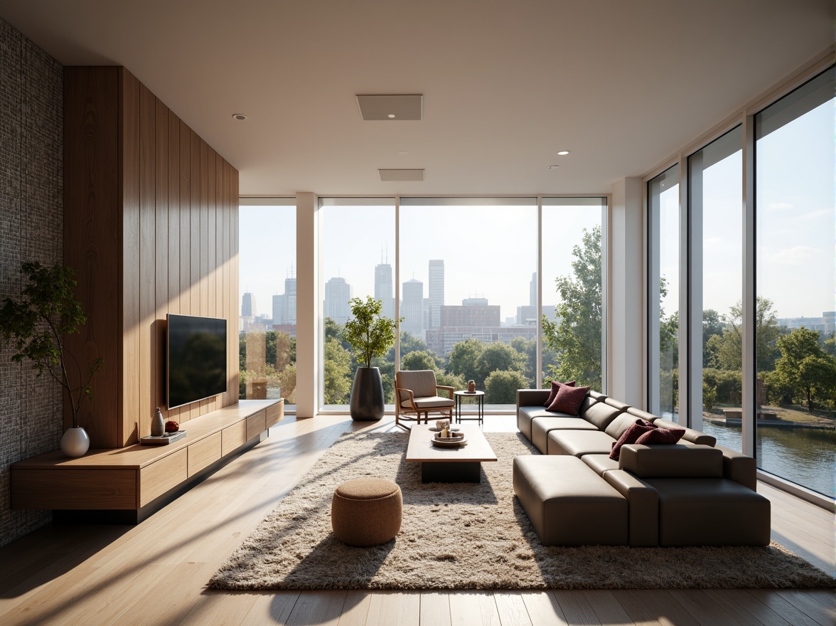 Prompt: Modern living room, sleek minimalist furniture, neutral color palette, textured rugs, floor-to-ceiling windows, natural light pouring in, urban cityscape views, cozy reading nook, built-in shelving units, geometric patterned wallpaper, ambient warm lighting, 1/1 composition, shallow depth of field, realistic textures, soft focus blur.