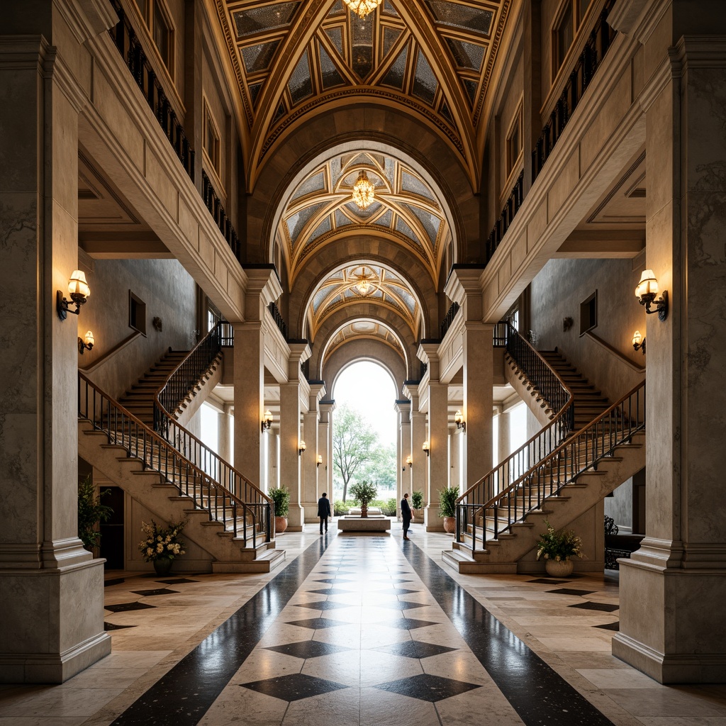 Prompt: Grand symmetrical entrance, harmonious balance, elegant arches, ornate columns, mirrored reflections, radial symmetry, central axis, perfect proportions, geometric patterns, intricate mosaics, luxurious materials, marble floors, golden accents, grand staircases, sweeping curves, axial views, one-point perspective, atmospheric lighting, soft shadows, 1/1 composition, realistic textures, ambient occlusion.