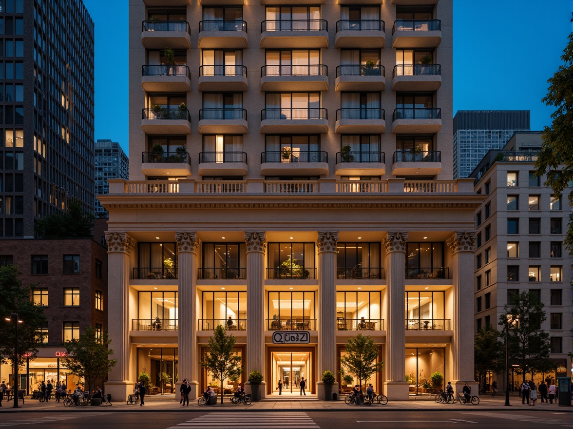 Prompt: Grandiose skyscraper, neoclassical facade, ornate columns, carved stone details, symmetrical composition, grand entrance, bronze doors, elegant balconies, intricate moldings, ornamental railings, limestone cladding, granite base, majestic clock tower, panoramic city view, dramatic nighttime lighting, warm golden illumination, shallow depth of field, 1/1 composition, realistic textures, ambient occlusion.