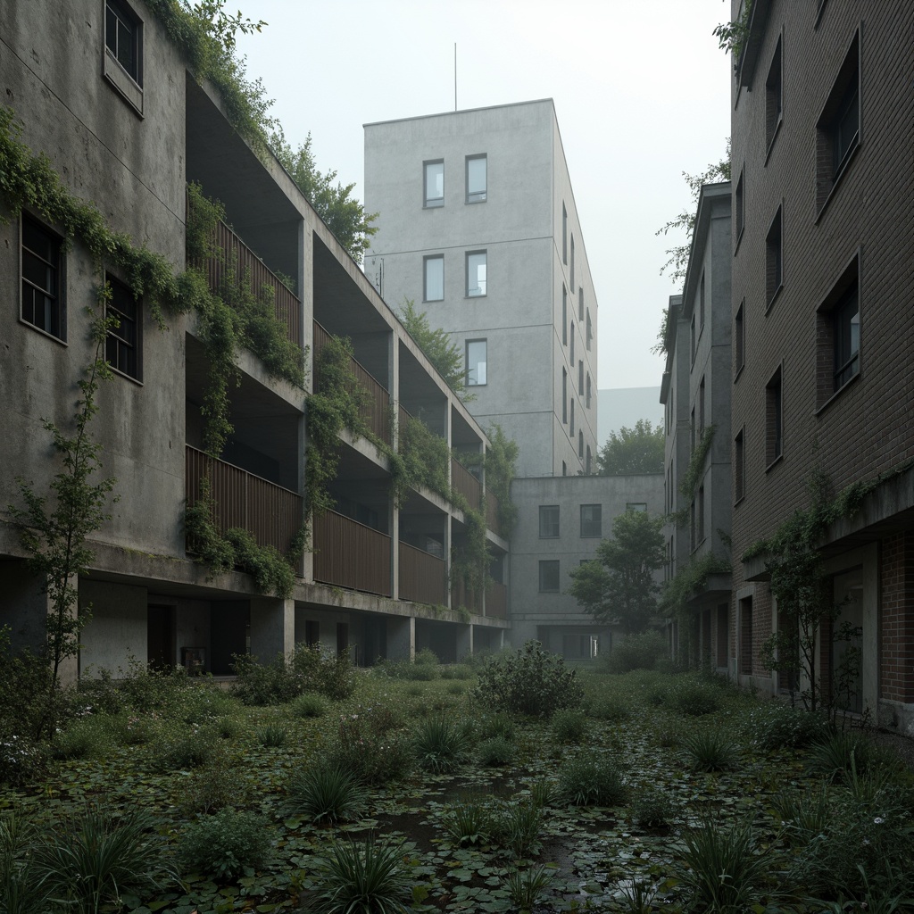 Prompt: Rugged brutalist architecture, raw concrete textures, fortress-like structures, overgrown vegetation, wildflowers, moss-covered walls, industrial landscapes, abandoned factories, crumbling brick facades, distressed metal accents, urban decay, post-apocalyptic atmosphere, dramatic lighting, low-angle shots, cinematic composition, gritty realistic renderings, atmospheric fog effects, misty mornings, eerie silence.