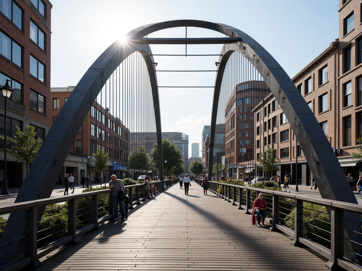 Prompt: Curved pedestrian bridge, steel arches, suspension cables, wooden decking, metal railings, lantern-style lighting, urban cityscape, busy streets, morning commute, soft natural light, shallow depth of field, 1/2 composition, symmetrical view, realistic reflections, ambient occlusion.