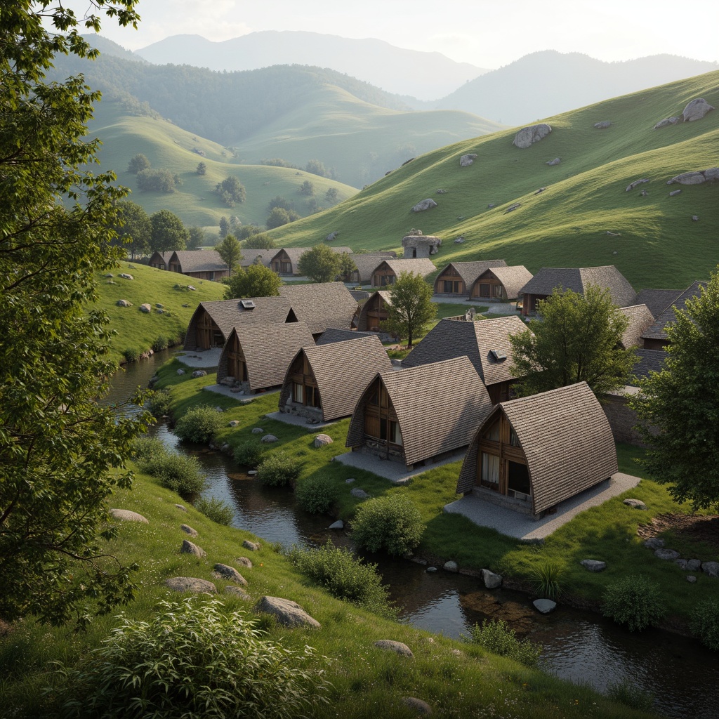 Prompt: Rustic village, rolling hills, lush greenery, meandering streams, traditional vernacular architecture, earthy tones, natural stone walls, wooden accents, curved lines, organic forms, blending with surroundings, seamless integration, harmonious coexistence, soft warm lighting, misty atmosphere, shallow depth of field, 1/1 composition, realistic textures, ambient occlusion.