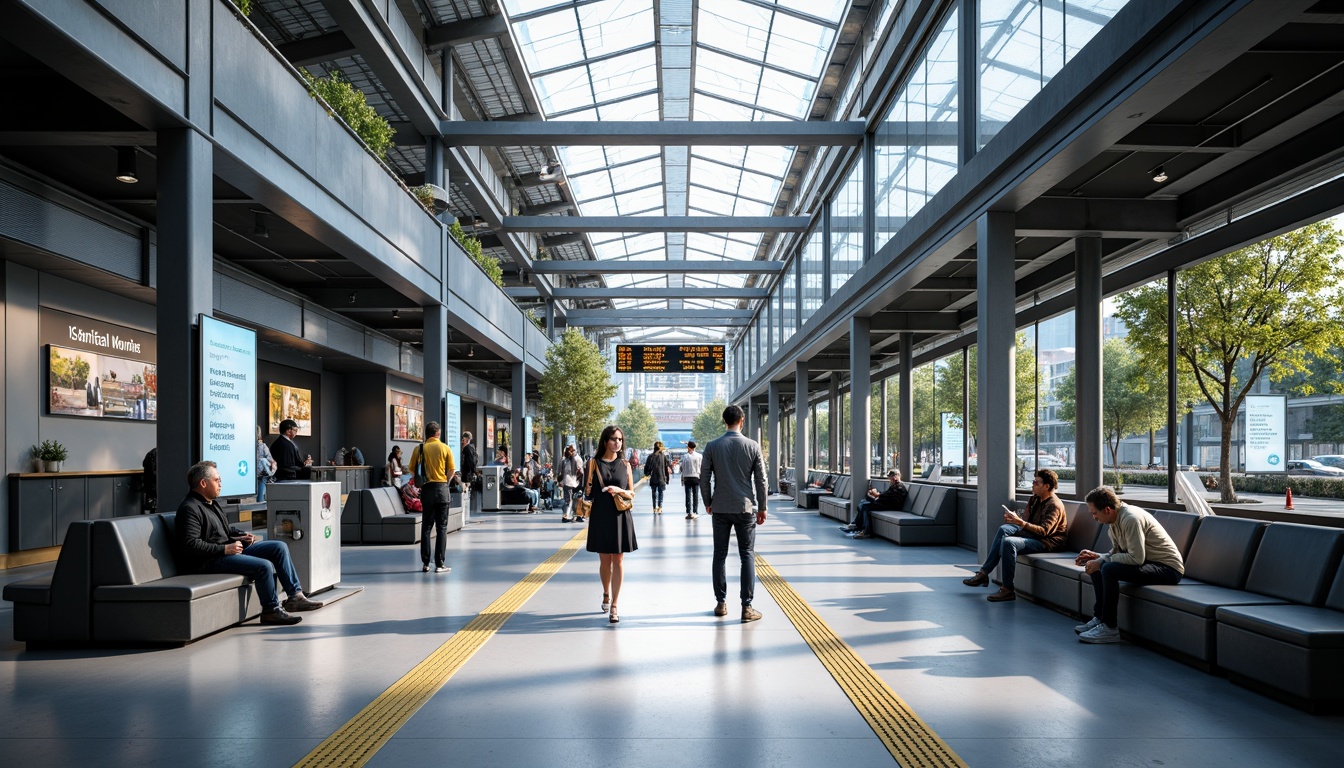 Prompt: Modern bus station interior, sleek metal framework, glass roofs, natural light pouring in, efficient passenger flow, clear signage, digital displays, comfortable seating areas, ample legroom, charging stations, minimalist decor, industrial-style flooring, urban atmosphere, busy morning commute, soft overhead lighting, shallow depth of field, 1/1 composition, realistic textures, ambient occlusion.