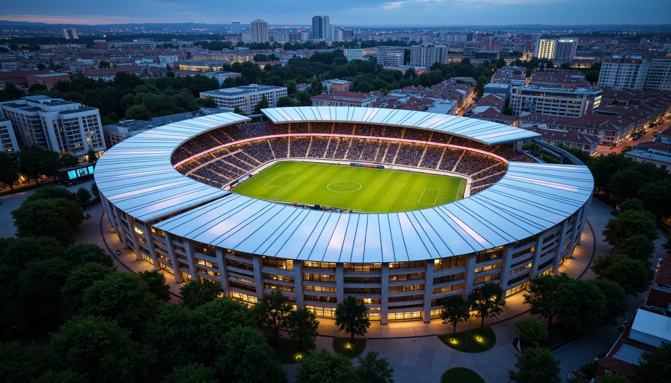 Prompt: Futuristic football stadium, dynamic curves, cantilevered roofs, translucent canopies, iridescent cladding, parametric design, sustainable materials, recycled plastics, low-carbon concrete, green roofs, living walls, urban landscape, vibrant cityscape, dramatic nighttime lighting, 3/4 composition, shallow depth of field, realistic textures, ambient occlusion.