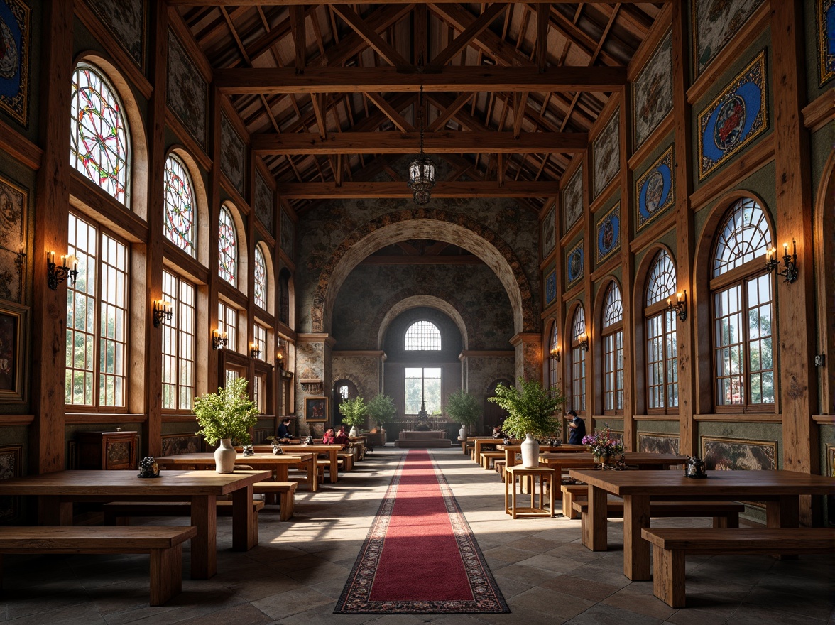 Prompt: Rustic barn, Byzantine architecture, distressed wood textures, weathered stone walls, ornate metal accents, intricate mosaics, vibrant stained glass windows, rich velvet fabrics, luxurious golden ornaments, warm candlelight, soft misty atmosphere, shallow depth of field, 1/1 composition, realistic reflections, ambient occlusion.