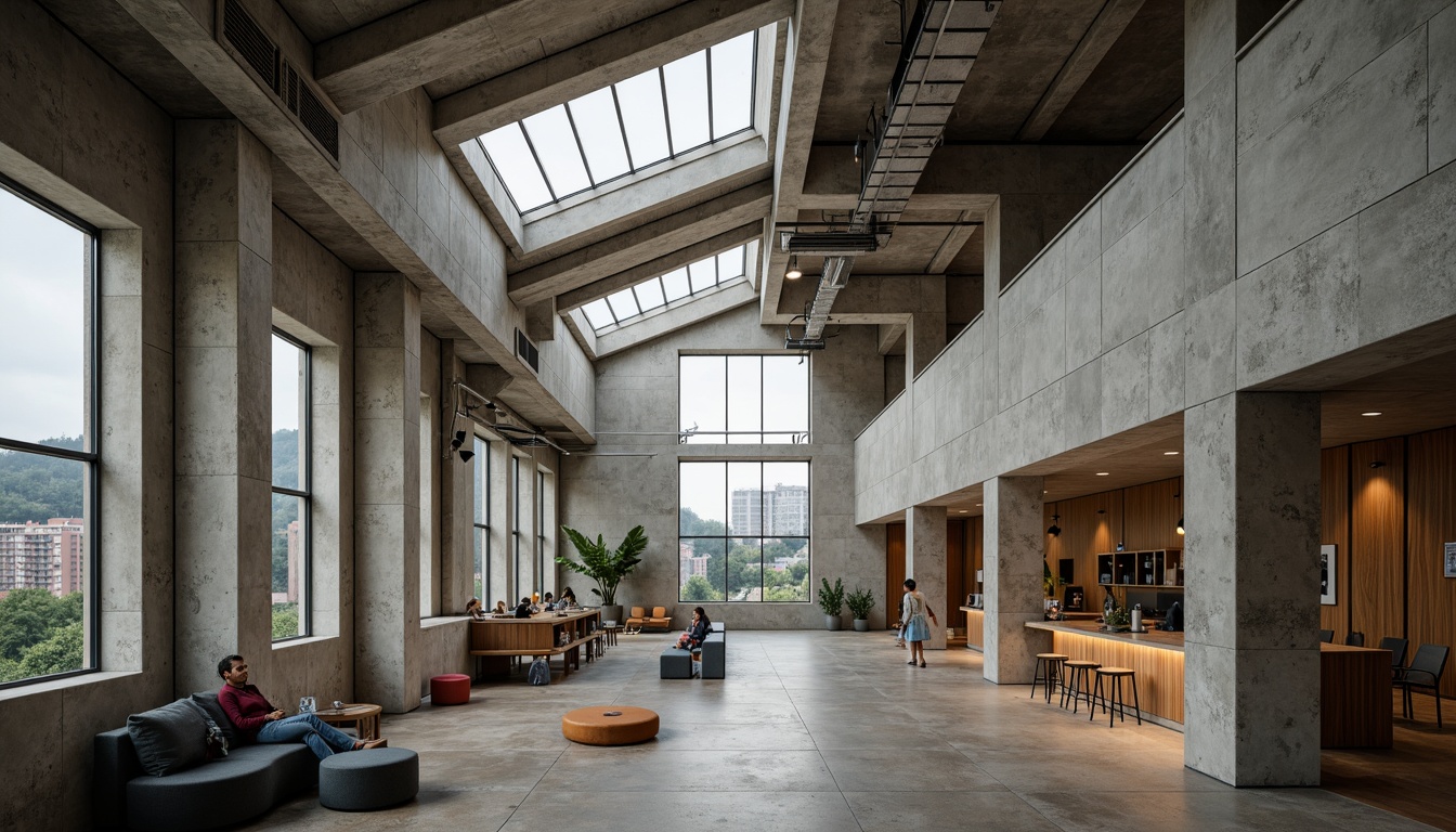 Prompt: Rugged community center, brutalist architecture, raw concrete walls, exposed ductwork, industrial metal beams, natural light pouring in, large skylights, clerestory windows, urban landscape views, gritty cityscape, overcast sky, soft diffused lighting, high contrast shadows, dramatic architectural angles, bold structural elements, minimalist interior design, functional simplicity, communal gathering spaces, reclaimed wood accents, earthy color palette, organic textures, 3/4 composition, cinematic framing, realistic render.