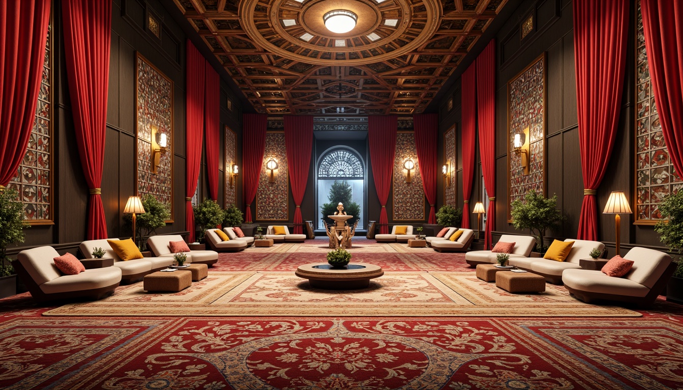 Prompt: Vibrant textile patterns, intricate geometric motifs, luxurious fabrics, ornate furnishings, opulent drapery, lavish upholstery, richly colored rugs, plush carpets, velvety smooth surfaces, metallic accents, futuristic architecture, sleek lines, minimalist design, ambient lighting, shallow depth of field, 3/4 composition, panoramic view, realistic textures, soft warm glow, serene atmosphere.