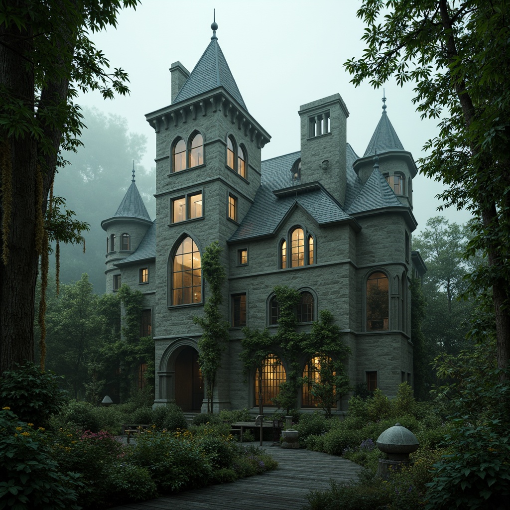 Prompt: Mysterious medieval castle, rugged stone walls, grandiose spires, stained glass windows, ornate gargoyles, lush greenery, overgrown vines, moss-covered stones, misty atmosphere, soft warm lighting, dramatic shadows, 3/4 composition, symmetrical framing, eerie ambiance, mystical fog, ancient trees, twisted branches, weathered wooden bridges, serene water features, reflective pools, Gothic arches, ribbed vaults, flying buttresses, intricate stone carvings.