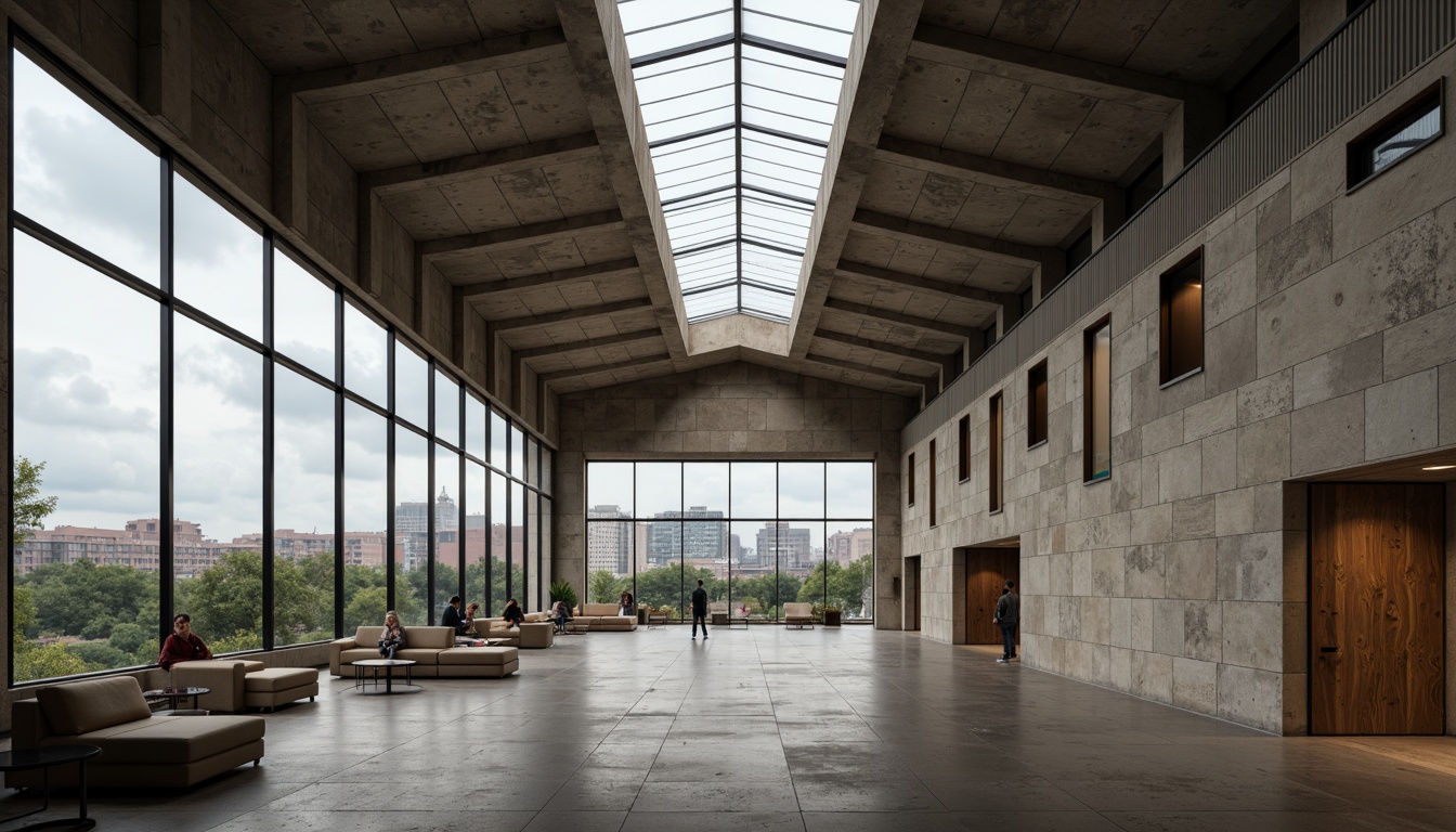 Prompt: Rugged community center, brutalist architecture, raw concrete walls, exposed ductwork, industrial metal beams, natural light pouring in, large skylights, clerestory windows, urban landscape views, gritty cityscape, overcast sky, soft diffused lighting, high contrast shadows, dramatic architectural angles, bold structural elements, minimalist interior design, functional simplicity, communal gathering spaces, reclaimed wood accents, earthy color palette, organic textures, 3/4 composition, cinematic framing, realistic render.