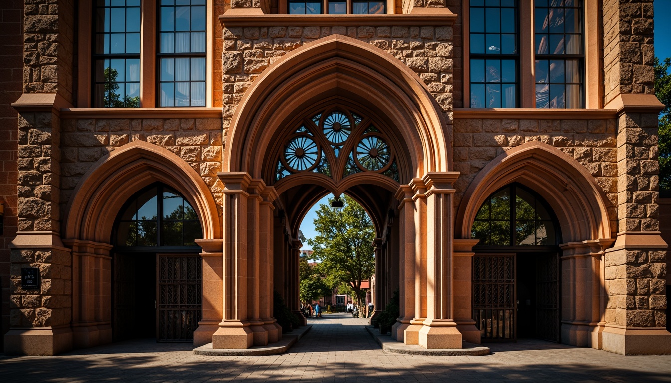 Prompt: Gothic church facade, asymmetrical composition, fragmented forms, abstract geometries, bold color contrasts, textured stone walls, stained glass windows, intricate metalwork, ornate doorways, dramatic arches, pointed spires, mystical ambiance, warm golden lighting, high-contrast shadows, 1/2 composition, low-angle shot, cinematic atmosphere, detailed textures, ambient occlusion.