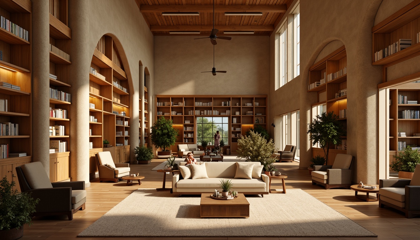 Prompt: Cozy library interior, warm beige walls, rich wood accents, comfortable seating areas, plush carpets, soft golden lighting, floor-to-ceiling bookshelves, modern minimalist furniture, calming greenery, natural stone columns, elegant archways, subtle texture overlays, realistic material reflections, shallow depth of field, 1/1 composition, warm atmospheric ambiance, inviting color palette.