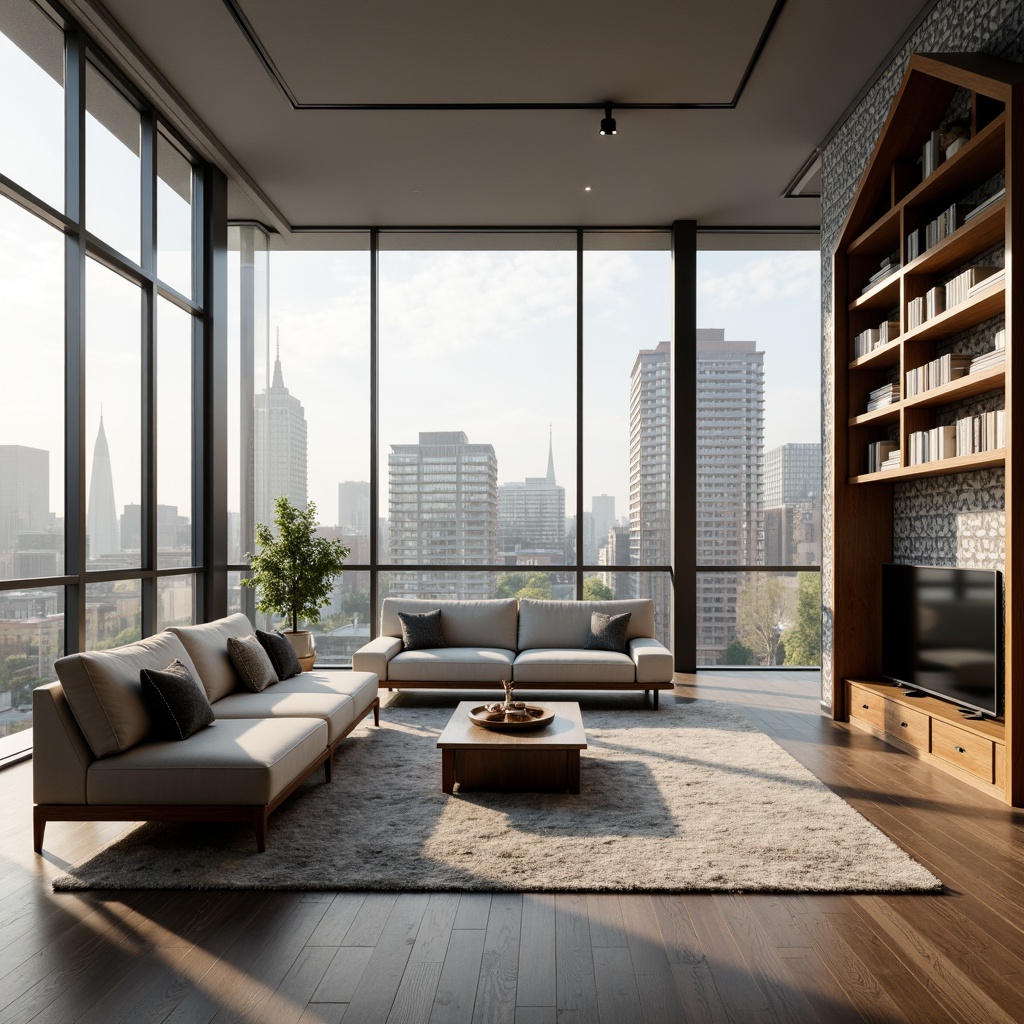 Prompt: Modern living room, sleek minimalist furniture, neutral color palette, textured rugs, floor-to-ceiling windows, natural light pouring in, urban cityscape views, cozy reading nook, built-in shelving units, geometric patterned wallpaper, ambient warm lighting, 1/1 composition, shallow depth of field, realistic textures, soft focus blur.