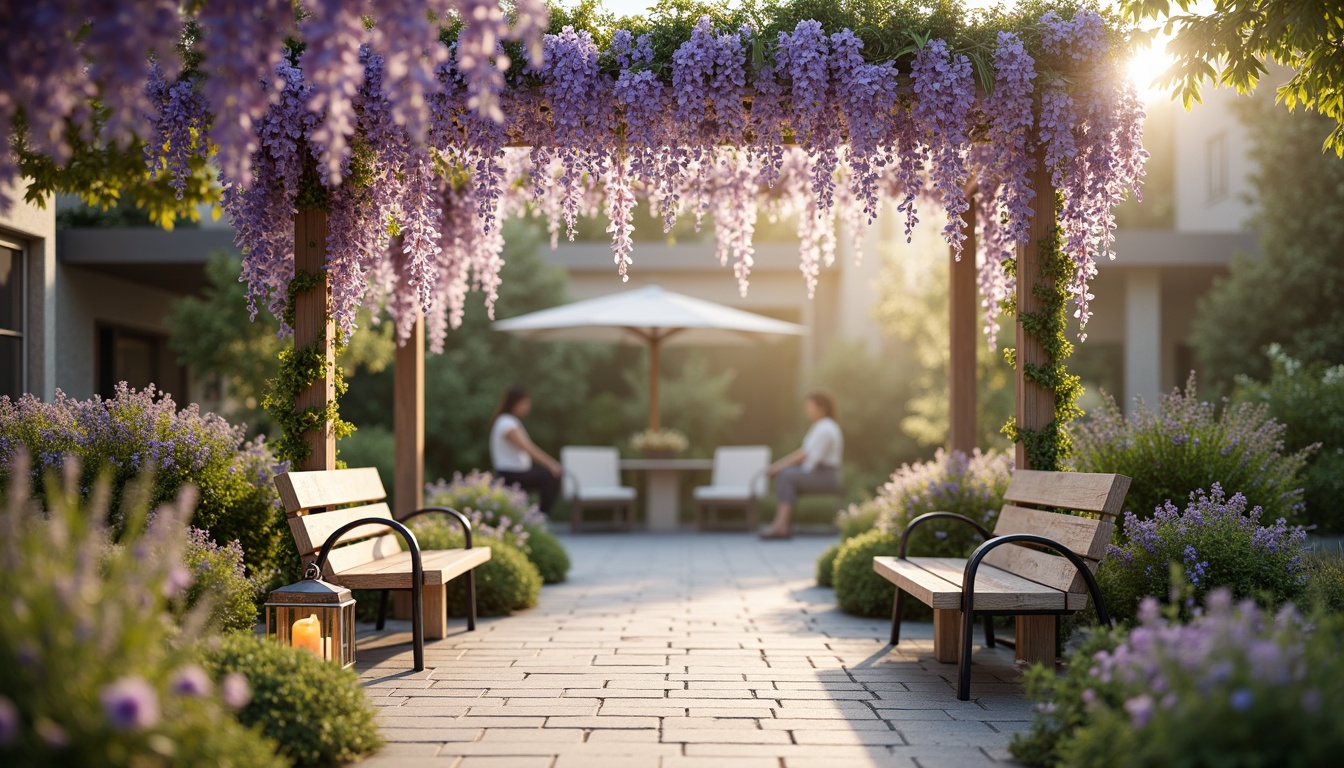 Prompt: Soft wisteria flowers, delicate purple hues, pastel lavender shades, creamy whites, warm beige tones, gentle peach accents, lush green foliage, natural wood textures, vintage garden benches, whimsical metal lanterns, dreamy afternoon sunlight, soft focus, shallow depth of field, 1/2 composition, romantic atmosphere, realistic renderings, subtle ambient occlusion.