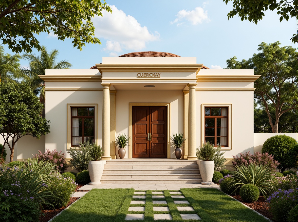 Prompt: Elegant classicism style house, soft cream facade, warm beige columns, ornate golden details, rich brown wooden doors, subtle terracotta roof tiles, lush greenery surroundings, vibrant blooming flowers, serene natural ambiance, warm sunny day, soft diffused lighting, shallow depth of field, 3/4 composition, realistic textures, ambient occlusion.