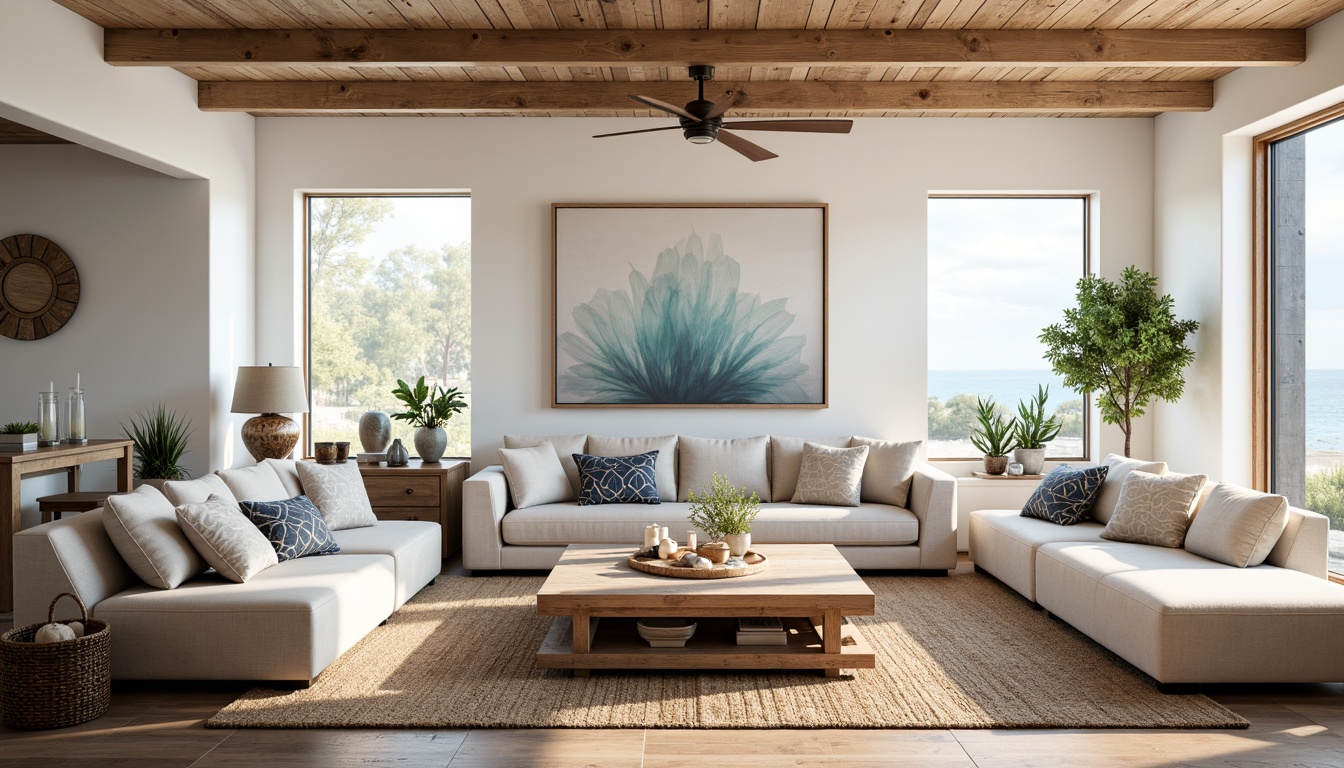 Prompt: Coastal living room, ocean-inspired color palette, driftwood accents, natural textiles, woven sea grass rugs, shell-adorned decorative pieces, floor-to-ceiling windows, sliding glass doors, beachy vibe, soft warm lighting, 1/1 composition, shallow depth of field, realistic wood textures, ambient occlusion, modern minimalist furniture, plush sectional sofas, reclaimed wood coffee tables, nautical-themed artwork, coral-patterned throw pillows, sea salt-scented candles, calming atmosphere.