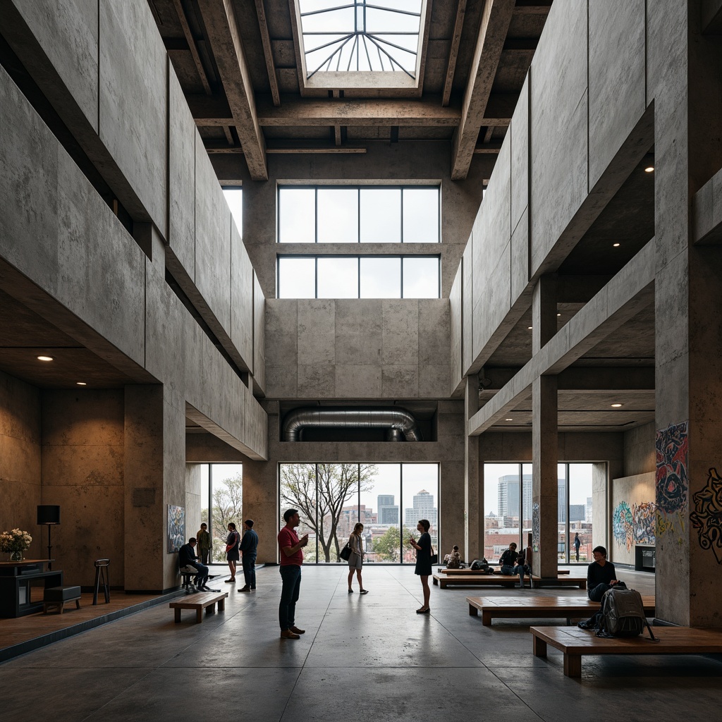 Prompt: Rugged community center, brutalist architecture, raw concrete walls, exposed ductwork, industrial metal beams, natural light pouring in, large skylights, clerestory windows, urban landscape views, gritty cityscape, overcast sky, soft diffused lighting, high contrast shadows, dramatic architectural forms, bold geometric shapes, functional minimalism, communal gathering spaces, reclaimed wood accents, weathered steel features, abstract graffiti art, moody atmospheric tones, cinematic composition, realistic textures, ambient occlusion.