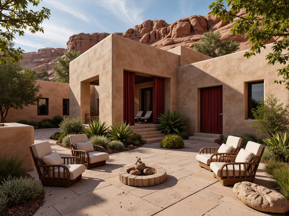 Prompt: Rustic sandstone walls, burgundy accent stones, earthy tones, natural textures, rugged landscape, desert flora, warm sunny day, soft diffused lighting, shallow depth of field, 1/2 composition, realistic rock formations, ambient occlusion, intricate stone carvings, ornate metal details, luxurious velvet fabrics, rich wood furnishings, cozy intimate spaces, dramatic color contrast.