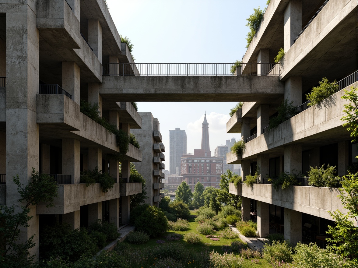 Prompt: Rugged brutalist buildings, raw concrete textures, fortress-like structures, overgrown vegetation, wildflowers, moss-covered walls, weathered steel beams, industrial materials, urban landscape integration, cityscape views, elevated walkways, cantilevered sections, dramatic shadows, harsh natural light, 1/1 composition, symmetrical framing, high-contrast lighting, gritty realistic textures, ambient occlusion.