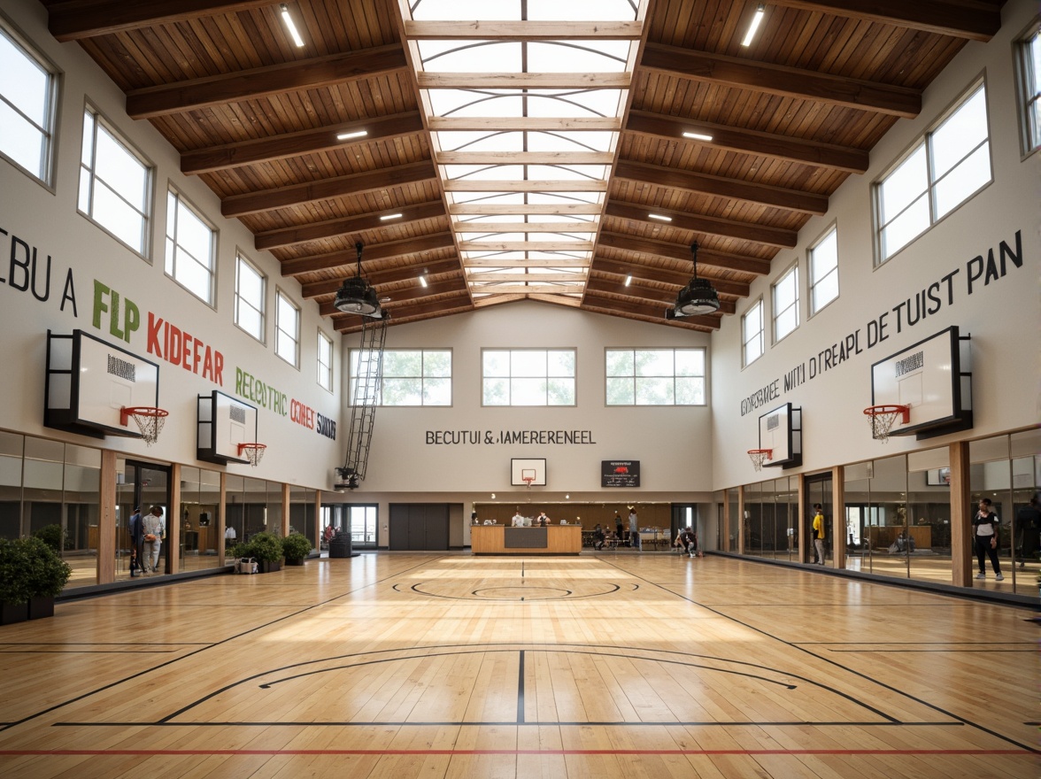 Prompt: Spacious gymnasium interior, high ceilings, natural light pouring in, polished wooden floors, athletic equipment, basketball hoops, volleyball nets, exercise machines, free weights, mirrored walls, motivational quotes, modern architecture, minimalist design, sleek lines, abundant ventilation, soft warm lighting, shallow depth of field, 3/4 composition, panoramic view, realistic textures, ambient occlusion.