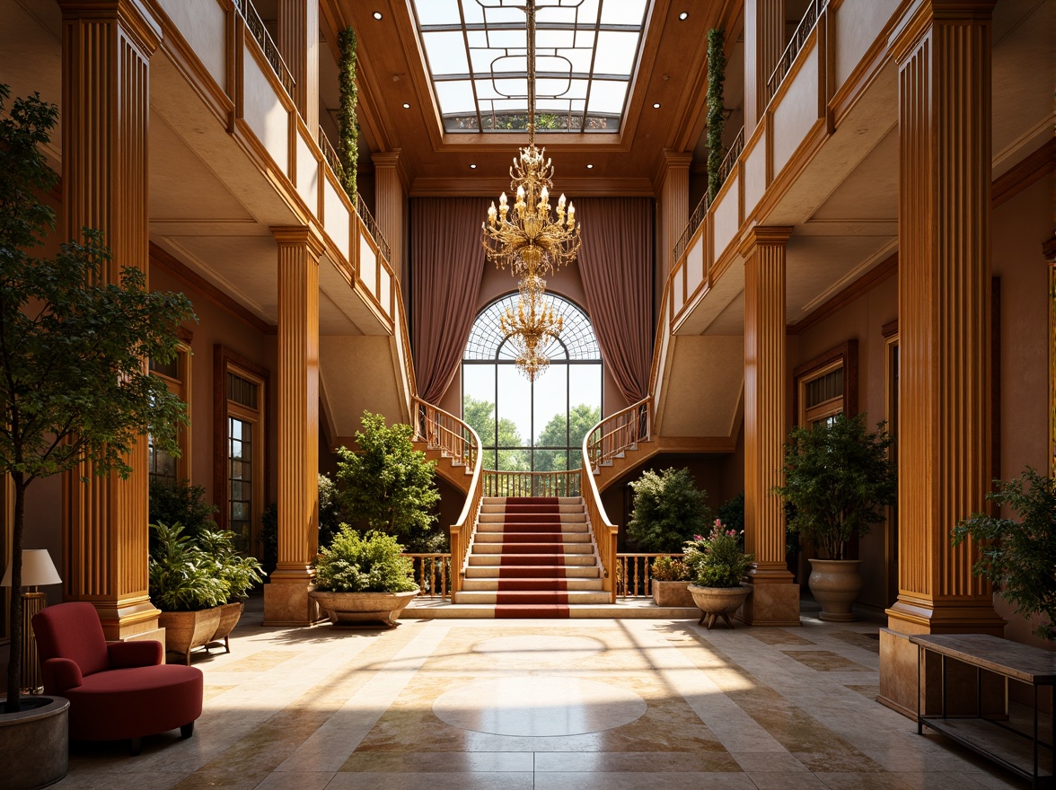 Prompt: Luxurious villa, ornate Art Deco facade, geometric patterns, metallic accents, curved lines, opulent decorations, lavish furnishings, grand staircase, intricate moldings, ornamental railings, luxurious textiles, velvet drapes, crystal chandeliers, marble floors, rich wood paneling, sunlit atrium, warm golden lighting, shallow depth of field, 1/1 composition, symmetrical framing, high-contrast rendering, realistic reflections.