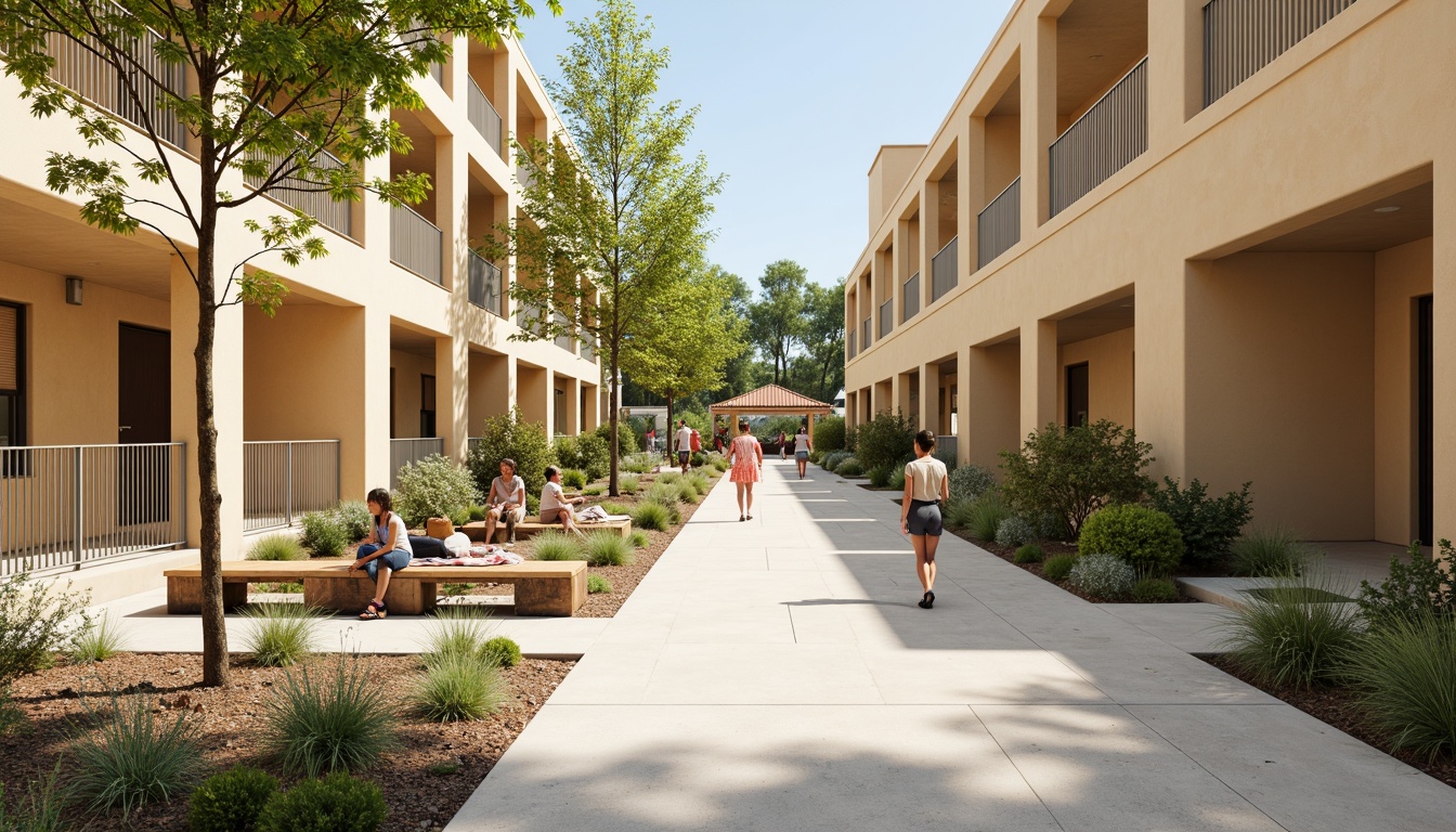 Prompt: Vibrant community center, warm beige walls, soft pastel accents, calming green spaces, playful children's playground, durable concrete floors, weathered wood benches, inviting entranceways, accessible ramps, modern amenities, energy-efficient appliances, cozy living rooms, natural light-filled corridors, soothing color scheme, 1/1 composition, shallow depth of field, realistic textures, ambient occlusion.