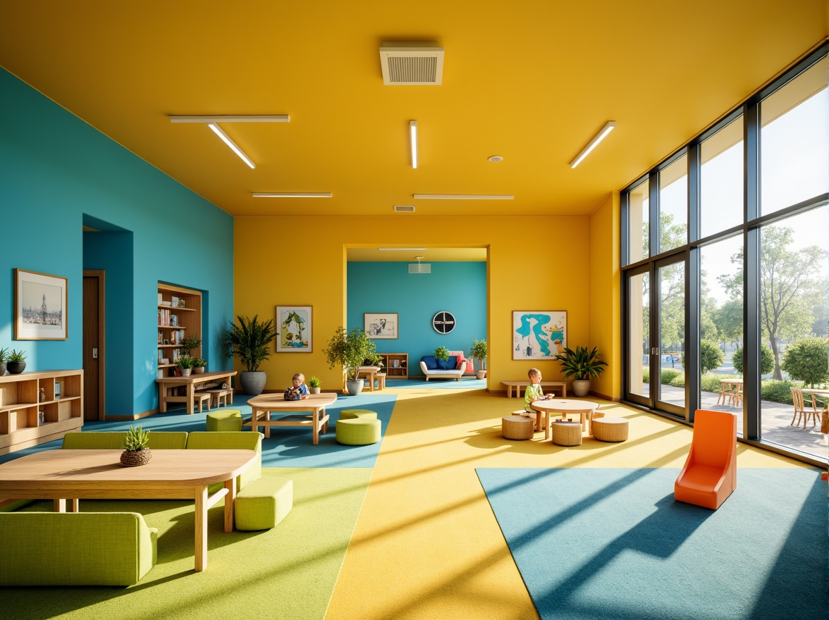 Prompt: Vibrant kindergarten, modernist architecture, bold color blocking, bright yellow walls, sky blue accents, lime green furniture, orange playground equipment, geometric shapes, minimalist decor, natural wood textures, large windows, sliding glass doors, abundant natural light, soft warm lighting, shallow depth of field, 3/4 composition, panoramic view, realistic textures, ambient occlusion.