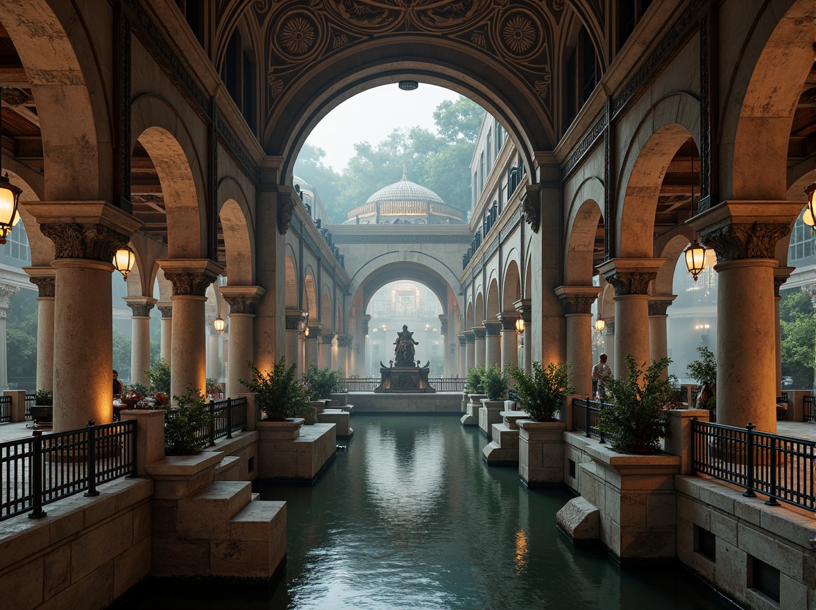 Prompt: Intricate stone carvings, ornate metal railings, grandiose arches, majestic columns, rustic stonework, weathered copper accents, lavish lanterns, dramatic water reflections, misty morning atmosphere, soft warm lighting, shallow depth of field, 1/2 composition, symmetrical framing, realistic textures, ambient occlusion.