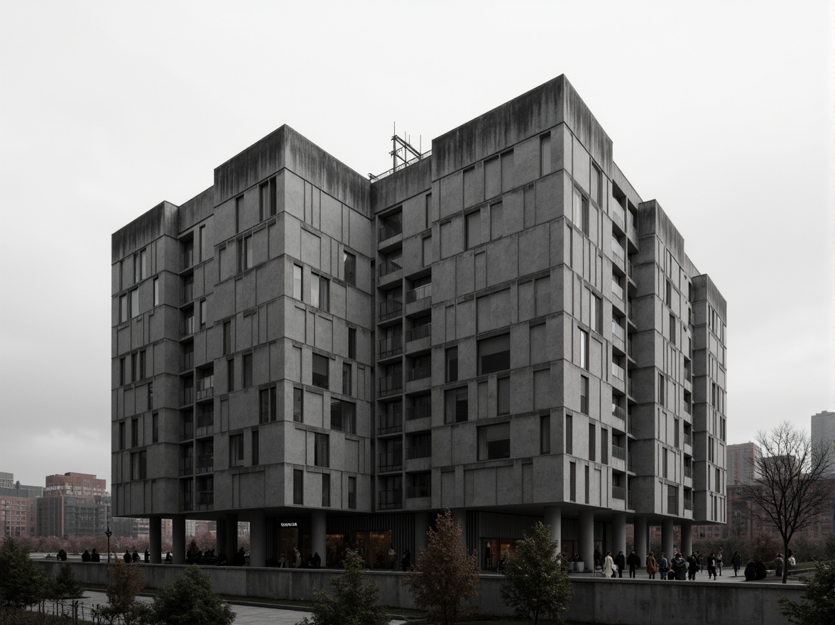 Prompt: Rugged brutalist building, exposed concrete walls, raw industrial materials, bold geometric forms, dramatic shadows, harsh contrasts, urban cityscape, overcast sky, strong vertical lines, fortress-like structure, monumental scale, abstract sculptures, cold monochromatic color scheme, high-contrast lighting, deep depth of field, 1/2 composition, cinematic atmosphere, gritty textures, ambient occlusion.