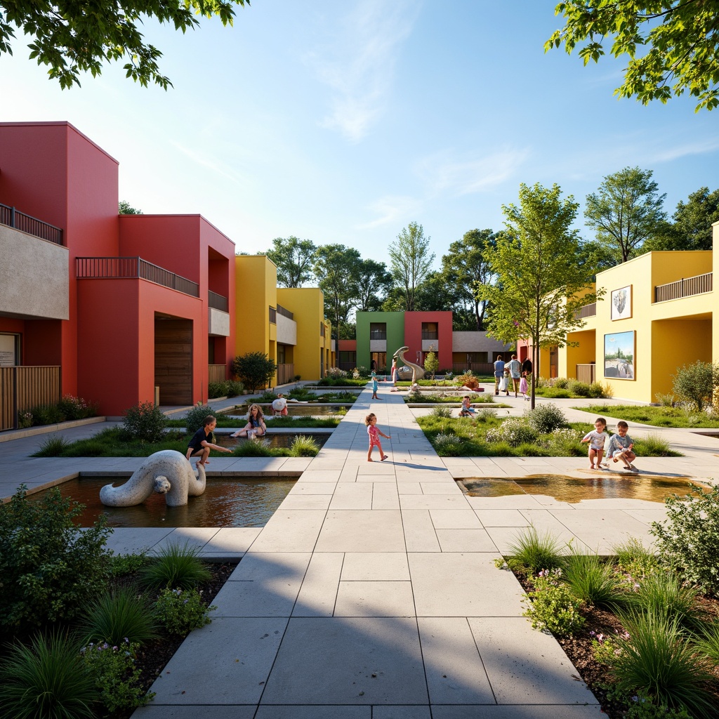 Prompt: Vibrant kindergarten playground, modernist architecture, bold color blocks, geometric shapes, minimalist design, natural stone walls, wooden accents, green roofs, eco-friendly materials, innovative water features, splash pads, interactive fountains, educational signage, whimsical sculptures, blooming flowers, lush greenery, sunny day, soft warm lighting, shallow depth of field, 3/4 composition, panoramic view, realistic textures, ambient occlusion.