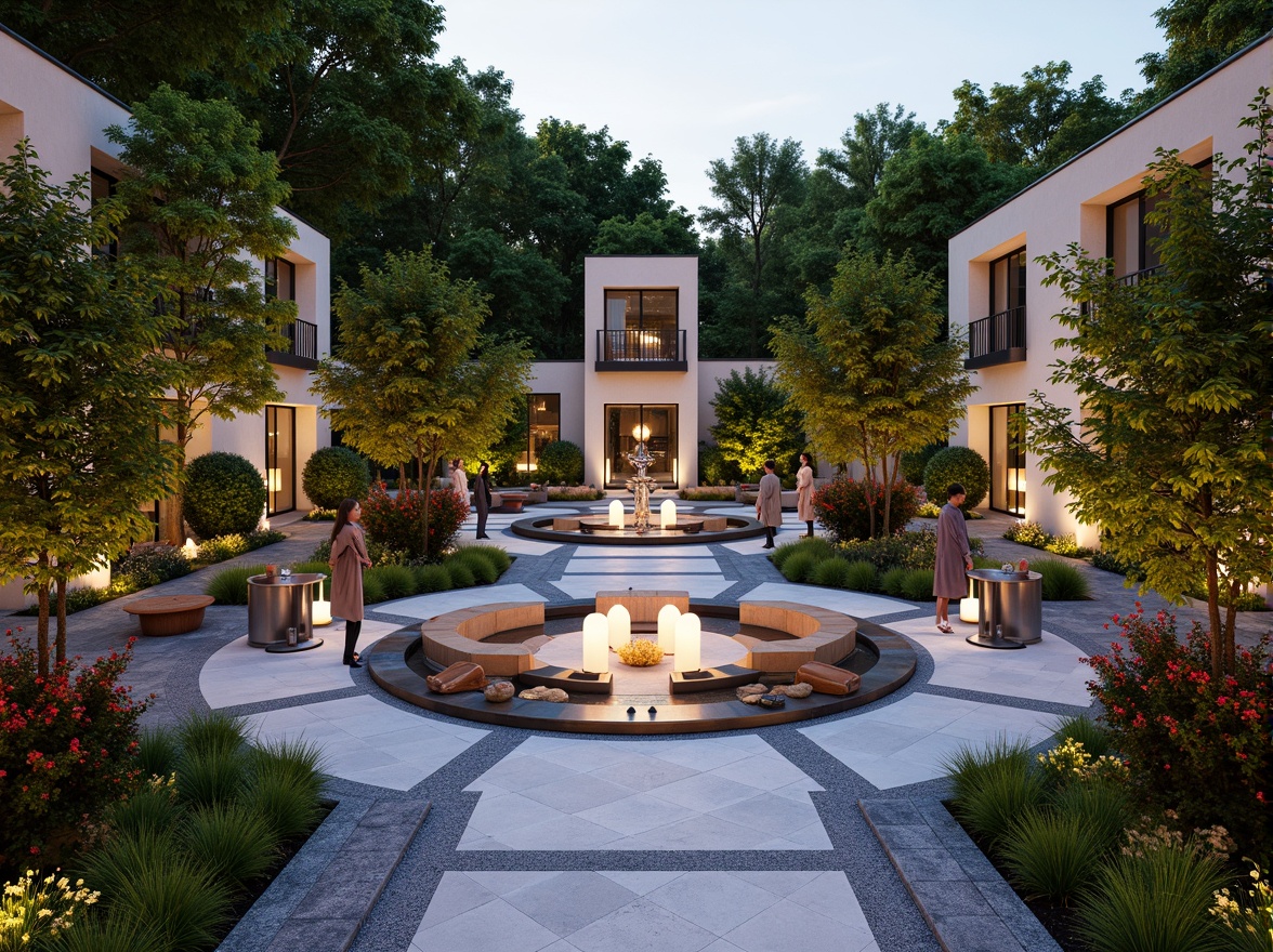 Prompt: Geometric gardens, ornate fountains, lush greenery, vibrant flowers, symmetrical pathways, decorative statues, Art Deco-inspired sculptures, metallic accents, bold color schemes, geometric patterns, luxurious outdoor furniture, sunken seating areas, ambient lighting, warm evening glow, shallow depth of field, 1/1 composition, panoramic view, realistic textures, ambient occlusion.