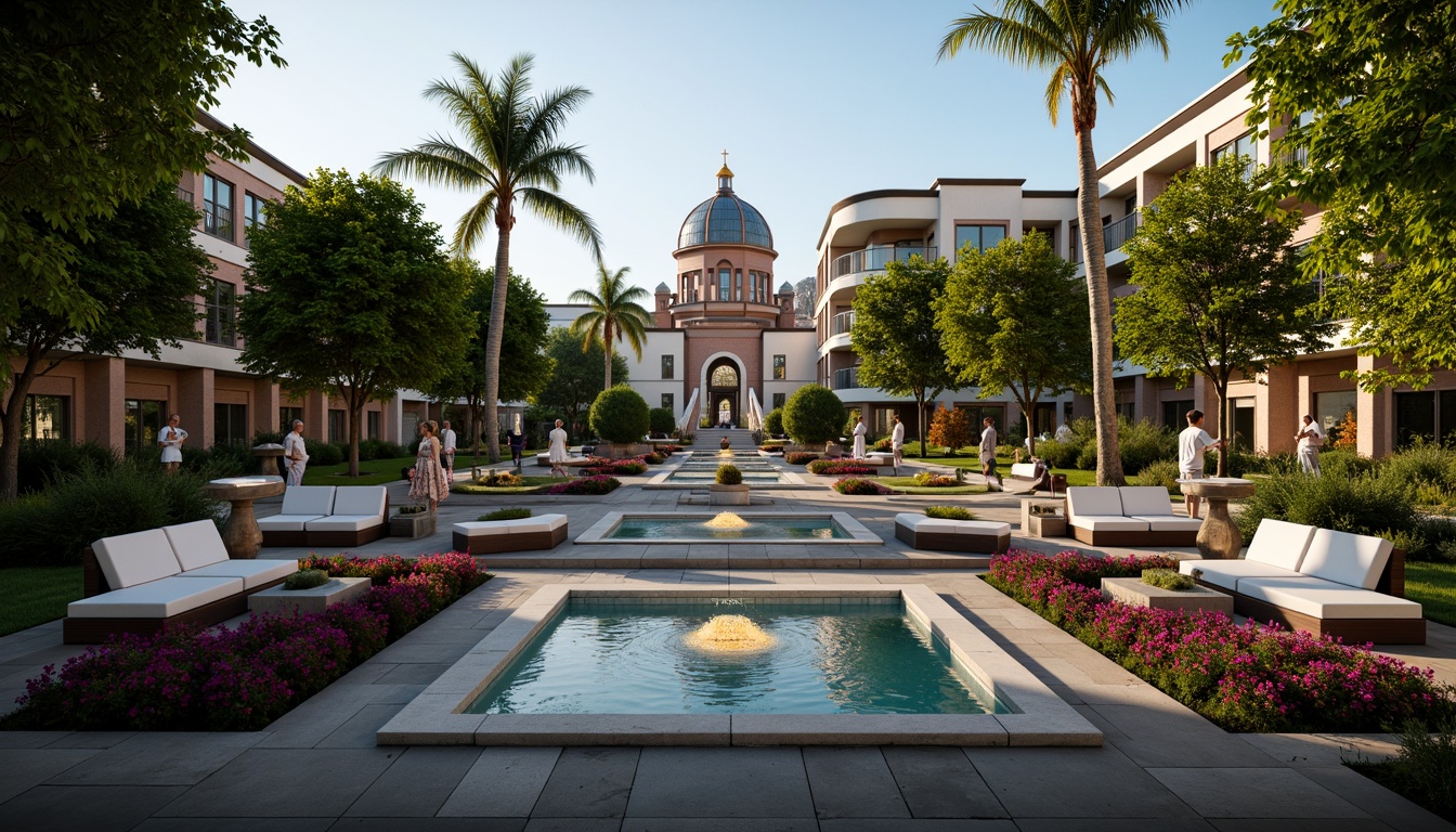 Prompt: Geometric gardens, ornate fountains, lush greenery, vibrant flowers, symmetrical pathways, decorative statues, Art Deco-inspired sculptures, metallic accents, bold color schemes, geometric patterns, luxurious outdoor furniture, sunken seating areas, ambient lighting, warm evening glow, shallow depth of field, 1/1 composition, panoramic view, realistic textures, ambient occlusion.