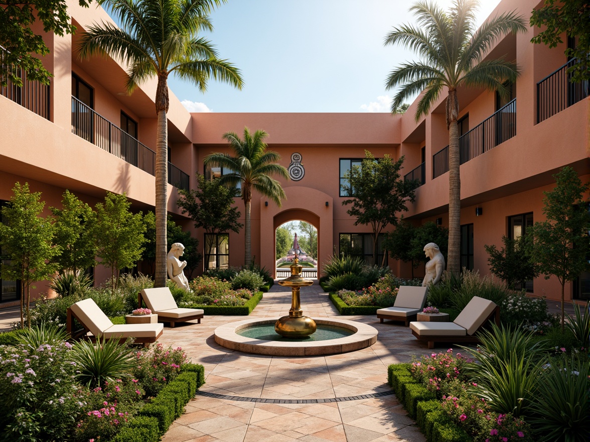 Prompt: Geometric gardens, ornate fountains, symmetrical pathways, lush greenery, vibrant flowers, tropical palms, angular hedges, modern sculptures, metallic accents, luxurious outdoor furniture, bold color schemes, intricate mosaics, ornamental gates, grand entranceways, dramatic lighting effects, warm golden illumination, shallow depth of field, 1/1 composition, realistic textures, ambient occlusion.