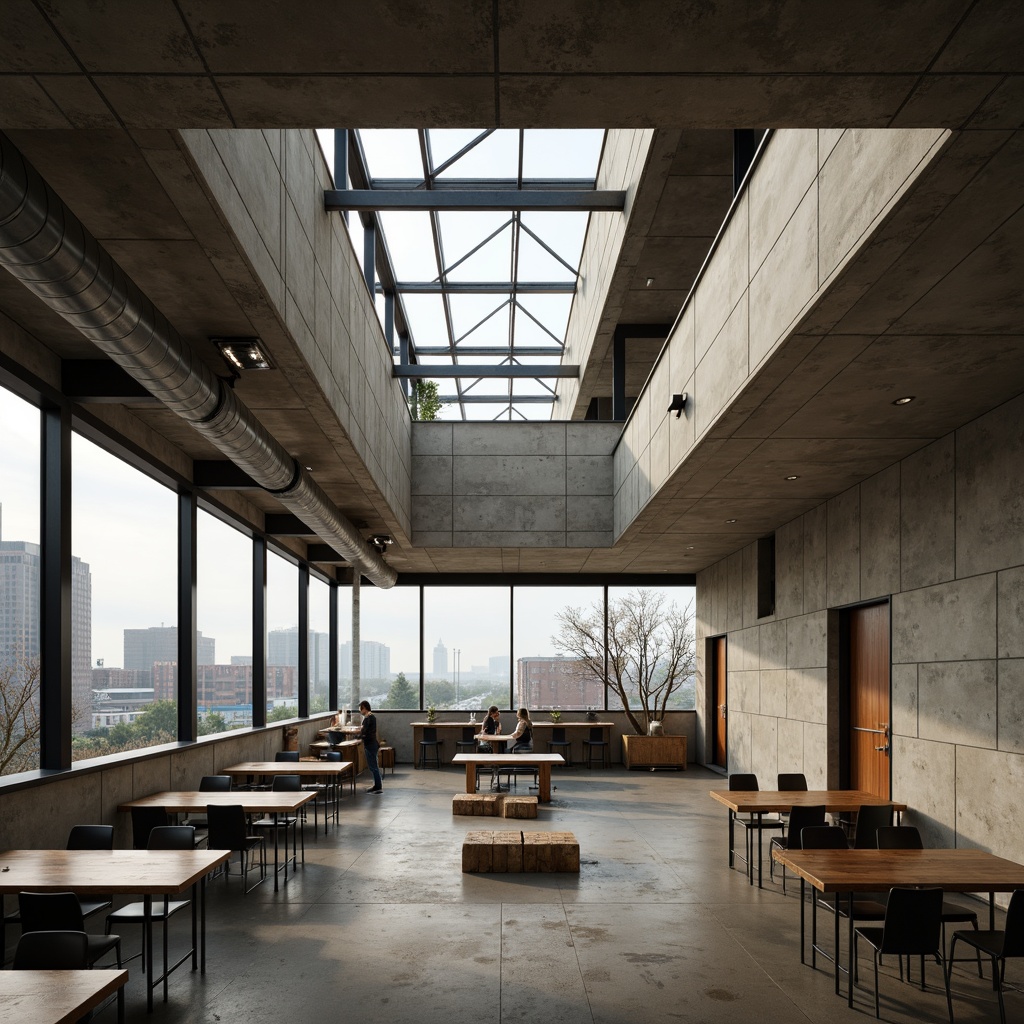 Prompt: Rugged community center, brutalist architecture, raw concrete walls, exposed ductwork, industrial metal beams, natural light pouring in, large skylights, clerestory windows, urban landscape views, gritty cityscape, overcast sky, soft diffused lighting, high contrast shadows, dramatic architectural angles, bold structural elements, minimalist interior design, functional simplicity, communal gathering spaces, reclaimed wood accents, earthy color palette, organic textures, 3/4 composition, cinematic framing, realistic render.