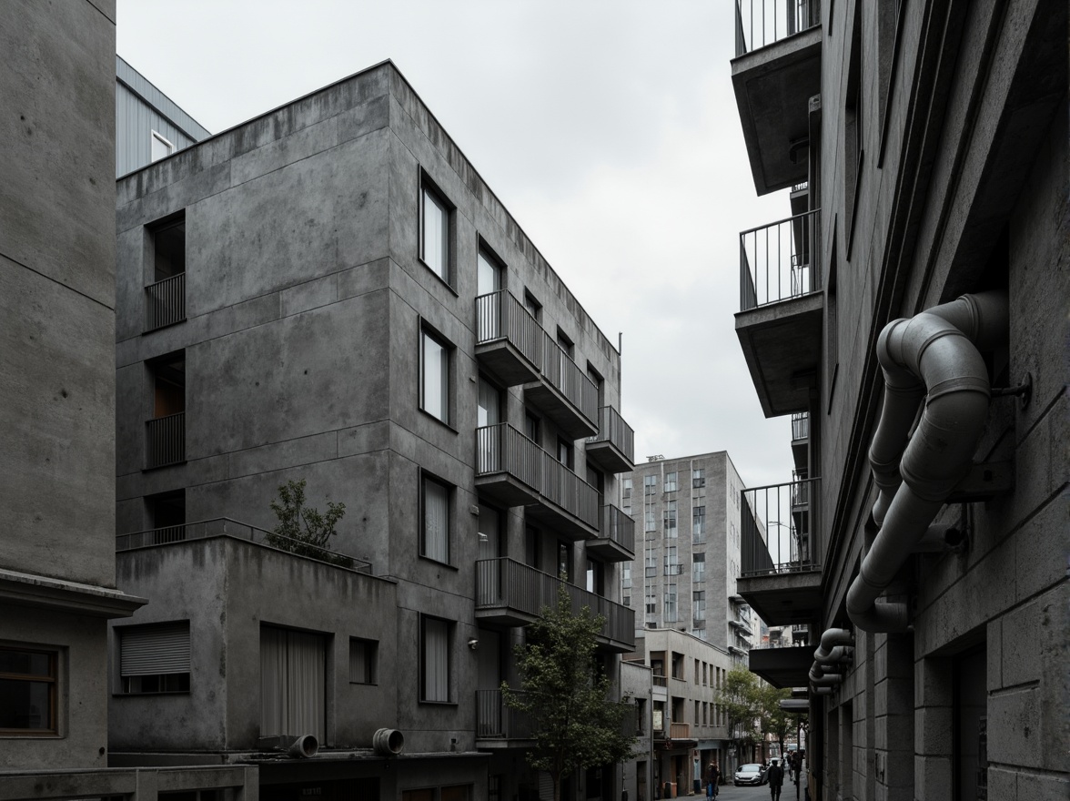 Prompt: Exposed concrete walls, rugged textures, industrial pipes, raw steel beams, minimalist balconies, brutalist architecture, urban cityscape, gloomy overcast sky, dramatic shadows, high-contrast lighting, bold geometric forms, functional simplicity, distressed finishes, poured-in-place concrete, cold monochromatic color palette, 1/1 composition, low-angle shot, cinematic atmosphere, gritty realistic textures.