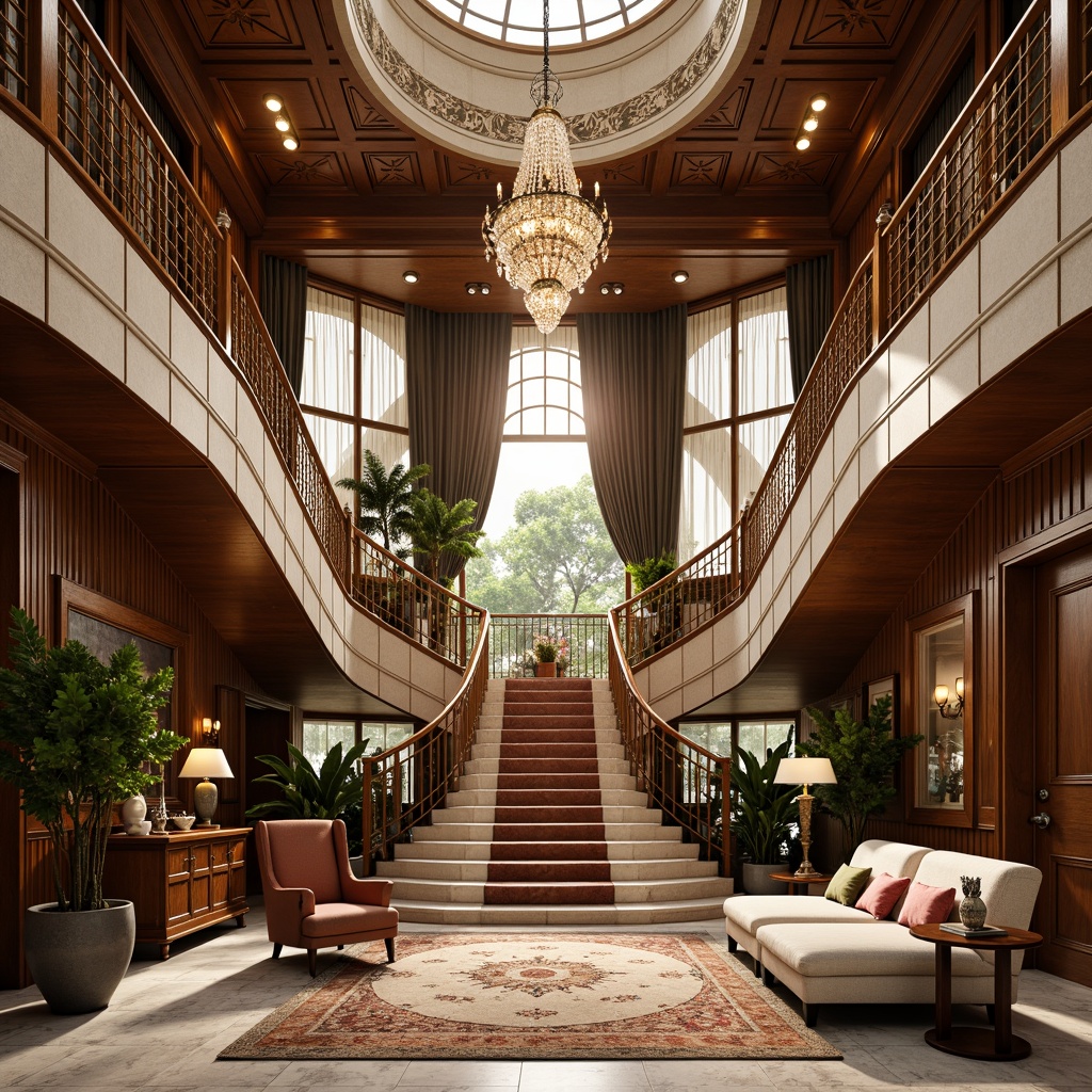 Prompt: Luxurious villa, ornate Art Deco facade, geometric patterns, metallic accents, curved lines, opulent decorations, lavish furnishings, grand staircase, intricate moldings, ornamental railings, luxurious textiles, velvet drapes, crystal chandeliers, marble floors, rich wood paneling, sunlit atrium, warm golden lighting, shallow depth of field, 1/1 composition, symmetrical framing, high-contrast rendering, realistic reflections.