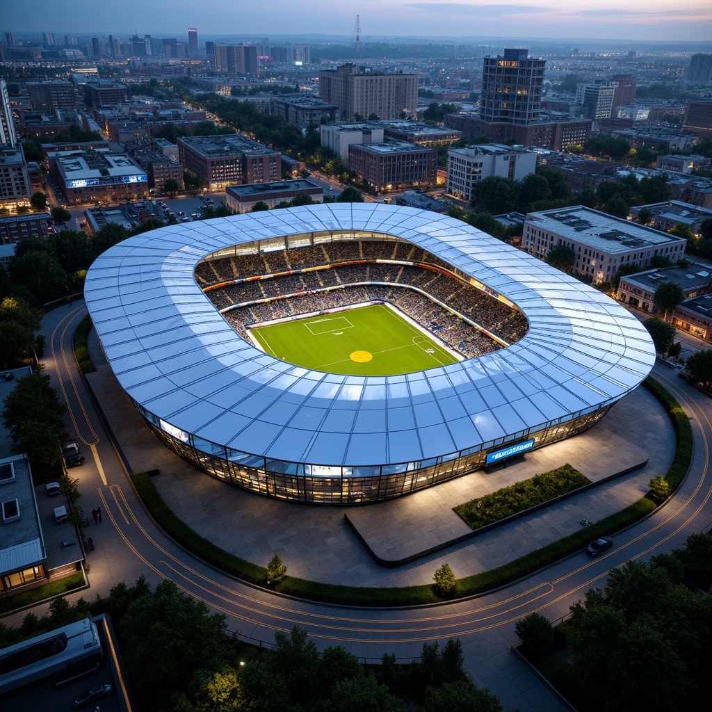 Prompt: Futuristic football stadium, dynamic curves, cantilevered roofs, translucent canopies, iridescent cladding, parametric design, sustainable materials, recycled plastics, low-carbon concrete, green roofs, living walls, urban landscape, vibrant cityscape, dramatic nighttime lighting, 3/4 composition, shallow depth of field, realistic textures, ambient occlusion.