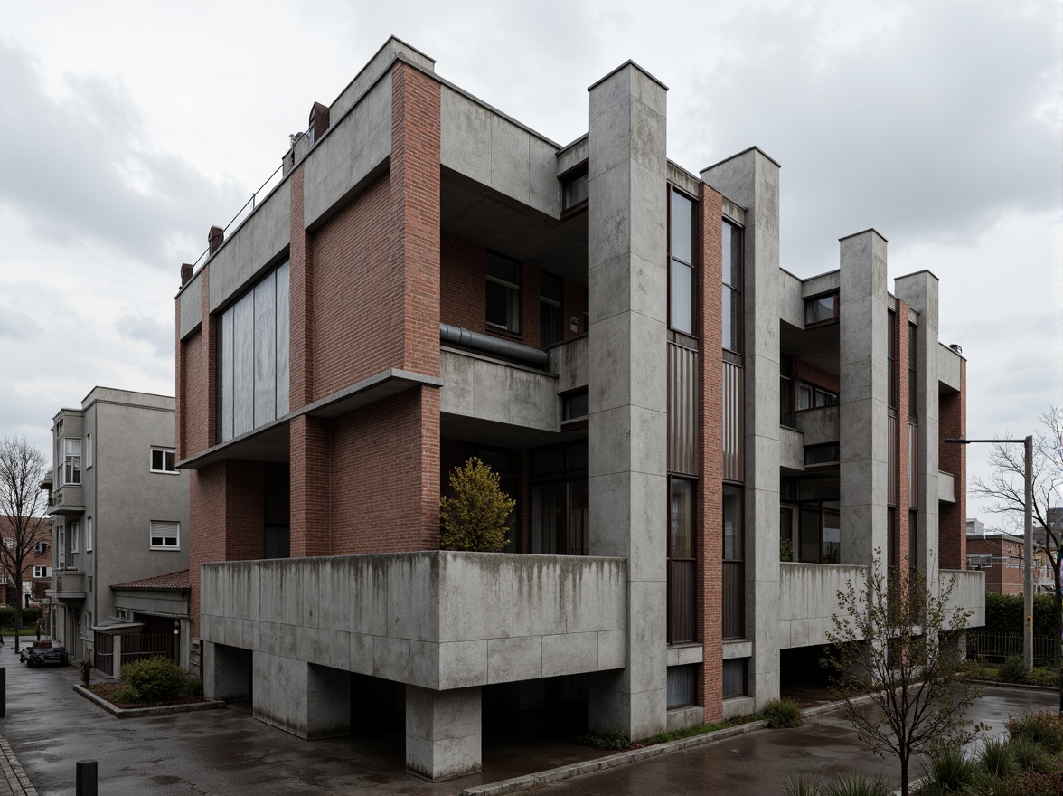 Prompt: Rough-hewn concrete walls, exposed ductwork, industrial metal beams, weathered steel surfaces, raw brick facades, rugged stone foundations, brutalist fortress-like structures, dramatic cantilevered roofs, angular geometric forms, monolithic monumental scale, harsh urban landscapes, overcast skies, diffused natural light, high-contrast shadows, gritty realistic textures, detailed normal maps, ambient occlusion.