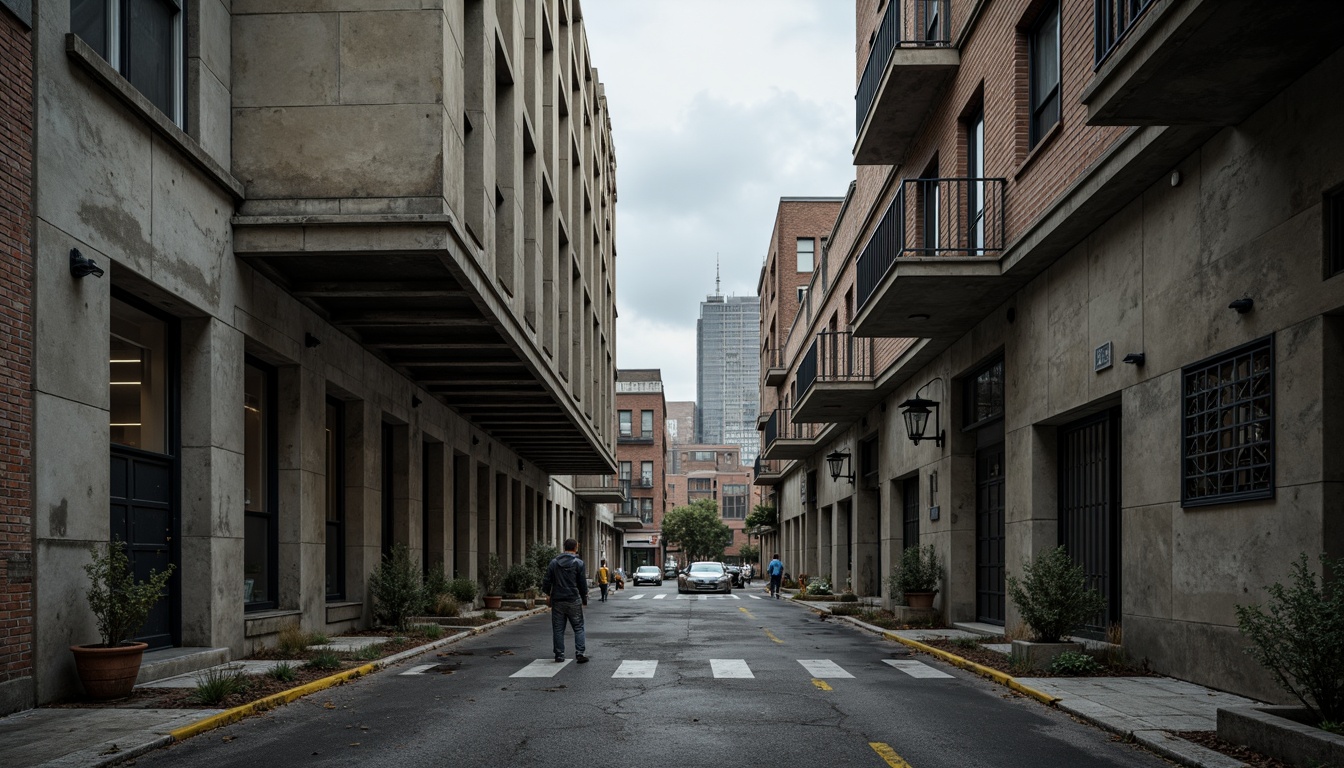 Prompt: Rough concrete walls, exposed ductwork, industrial metal beams, raw brick facades, weathered stone surfaces, distressed wood accents, brutalist monumentality, fortress-like structures, urban cityscape, overcast skies, dramatic shadows, high-contrast lighting, cinematic composition, gritty realistic textures, ambient occlusion.