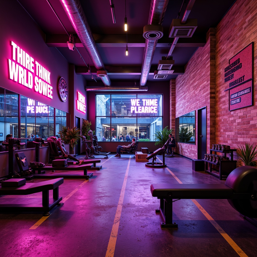 Prompt: Vibrant fitness studio, bold color scheme, energetic atmosphere, neon lights, motivational quotes, modern equipment, sleek metal frames, rubber flooring, mirrored walls, high ceilings, natural light, urban loft design, industrial chic aesthetic, reclaimed wood accents, metallic tones, dynamic lighting effects, fast-paced rhythm, 1/1 composition, shallow depth of field, realistic textures, ambient occlusion.