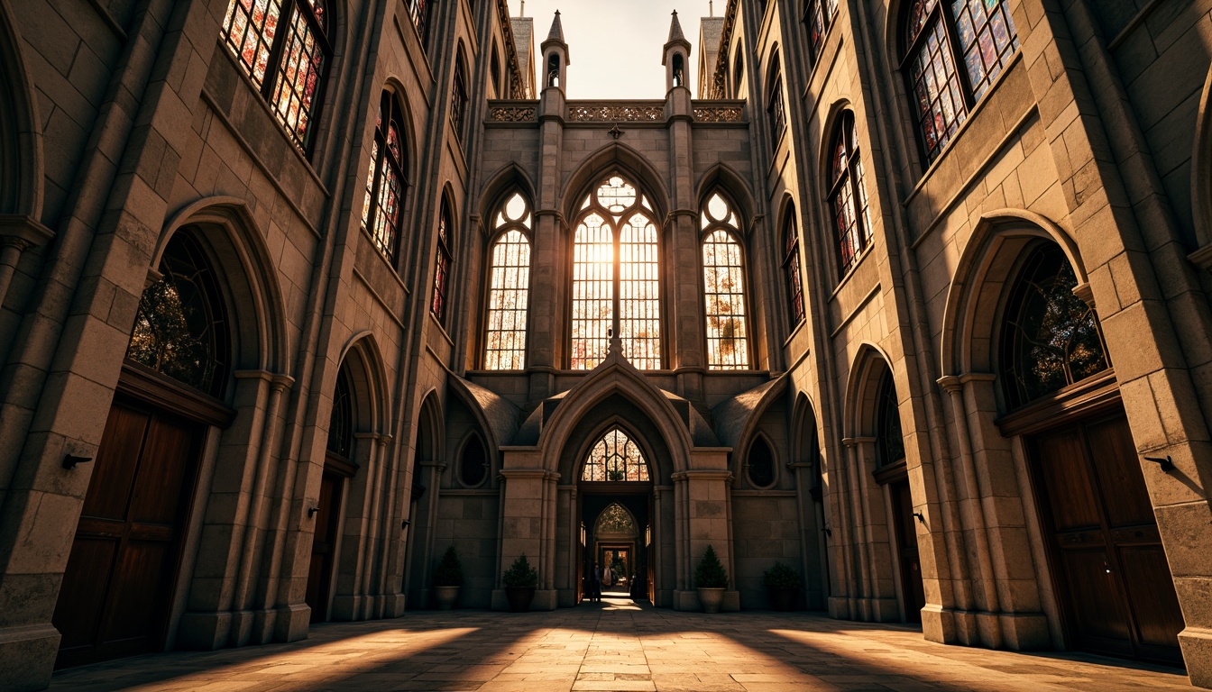 Prompt: Gothic church facade, asymmetrical composition, fragmented forms, abstract geometries, bold color contrasts, textured stone walls, stained glass windows, intricate metalwork, ornate doorways, dramatic arches, pointed spires, mystical ambiance, warm golden lighting, high-contrast shadows, 1/2 composition, low-angle shot, cinematic atmosphere, detailed textures, ambient occlusion.