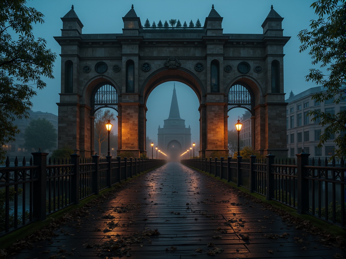 Prompt: Mysterious gothic bridge, dark stone arches, ornate ironwork, misty foggy atmosphere, dimly lit lanterns, weathered wooden planks, rusty metal railings, eerie twilight shadows, moss-covered stonework, ancient ivy vines, mysterious river waters, subtle gradient lighting, cinematic composition, atmospheric depth of field, warm muted colors, rich earth tones, deep blues and purples.