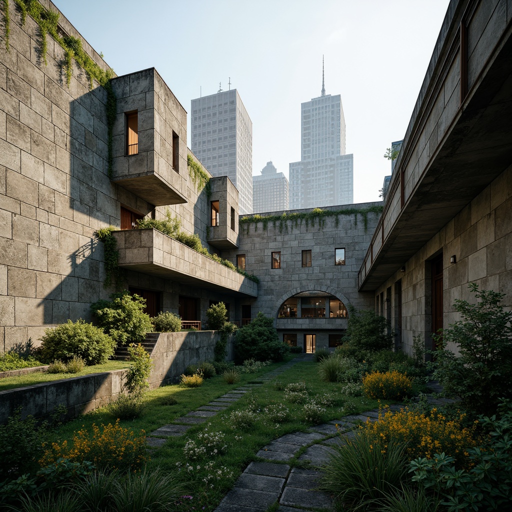 Prompt: Rugged brutalist buildings, raw concrete textures, fortress-like structures, overgrown vegetation, wildflowers, moss-covered walls, weathered steel beams, industrial materials, urban landscape integration, cityscape views, elevated walkways, cantilevered sections, dramatic shadows, harsh natural light, 1/1 composition, symmetrical framing, high-contrast lighting, gritty realistic textures, ambient occlusion.