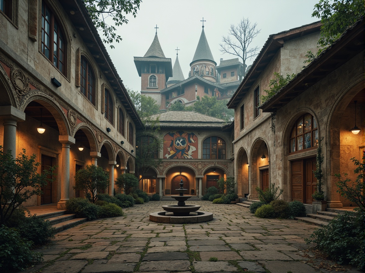 Prompt: Serene monastery courtyard, asymmetrical architecture, irregular shapes, fragmented forms, bold color contrasts, abstract murals, ornate stone carvings, intricate metalwork, grandiose arches, vaulted ceilings, stained glass windows, dramatic lighting effects, atmospheric fog, mystical ambiance, spiritual symbolism, peaceful cloisters, secluded gardens, winding corridors, intimate chapels, rustic wooden doors, weathered stone walls, moss-covered roofs, soft warm light, shallow depth of field, 1/2 composition, cinematic framing, realistic textures, ambient occlusion.