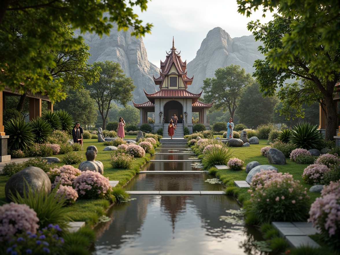 Prompt: Sacred temple grounds, serene water features, lush greenery, vibrant flowers, peaceful walking paths, meditation gardens, spiritual statues, intricate stone carvings, natural rock formations, gentle streams, soothing waterfalls, calming ambiance, warm soft lighting, shallow depth of field, 3/4 composition, panoramic view, realistic textures, ambient occlusion.