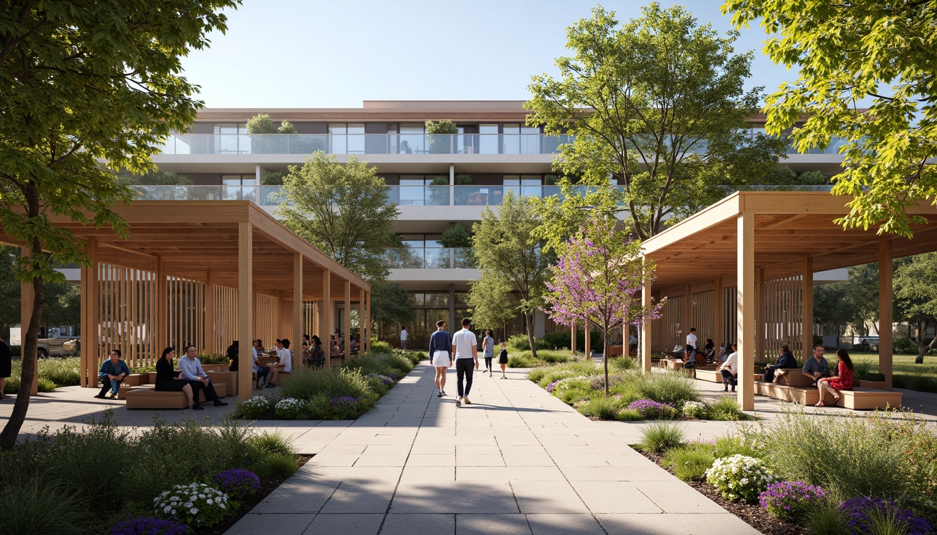 Prompt: Elegant pavilion, curved canopy structures, natural wood accents, latticework details, lush greenery, vibrant flowers, educational signage, comfortable seating areas, modern academic architecture, large windows, glass doors, blooming trees, sunny day, soft warm lighting, shallow depth of field, 3/4 composition, panoramic view, realistic textures, ambient occlusion.