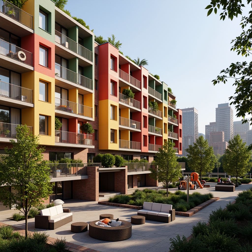 Prompt: Vibrant apartment complex, social housing community, modern facade design, bold color schemes, geometric patterns, balconies with greenery, urban landscape, city skyline, sunny day, soft warm lighting, shallow depth of field, 3/4 composition, panoramic view, realistic textures, ambient occlusion, brick and concrete materials, large windows, sliding glass doors, cozy outdoor seating areas, community gardens, playground equipment, educational facilities, public art installations, pedestrian-friendly walkways.