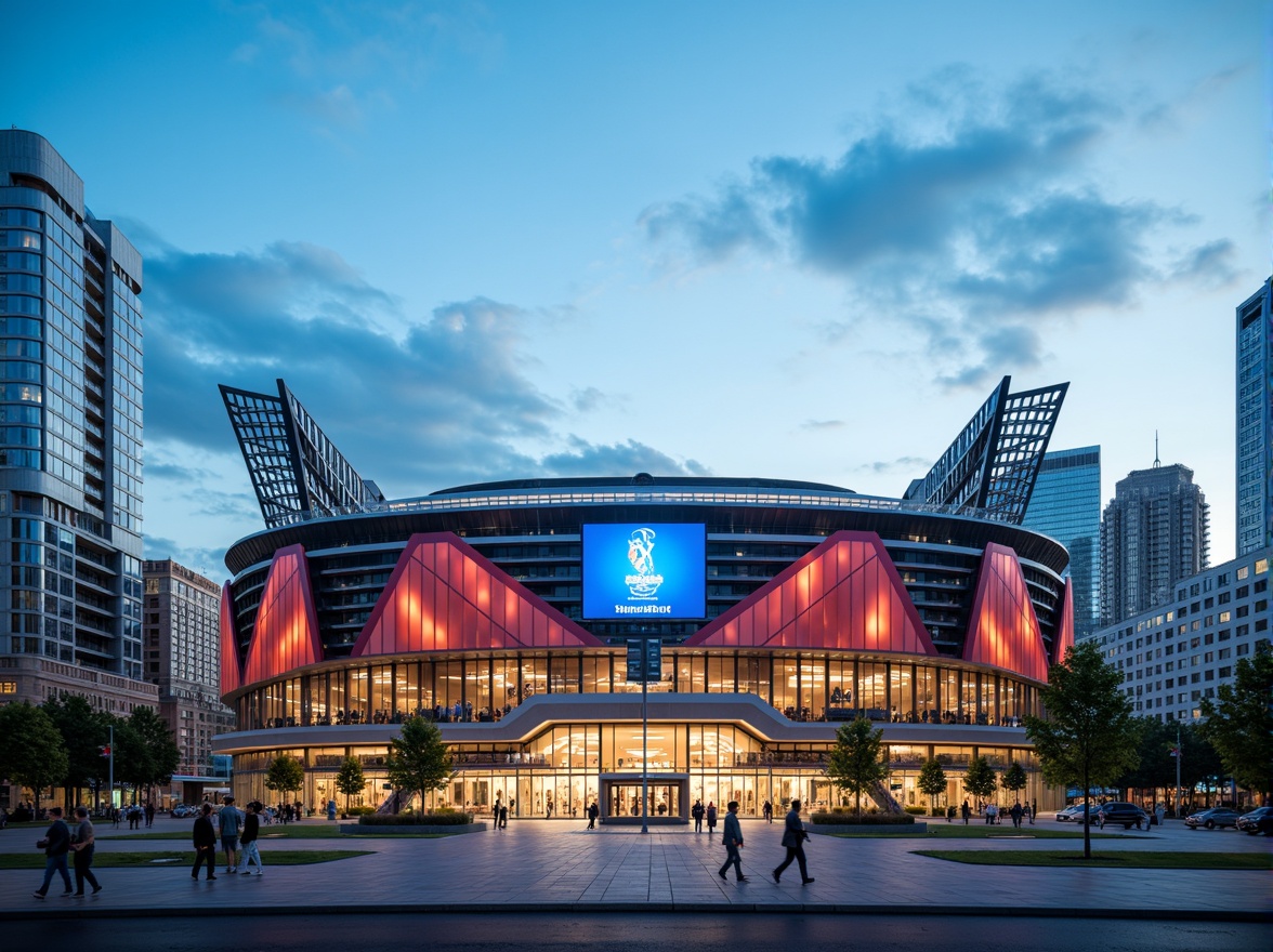 Prompt: Sleek stadium fa\u00e7ade, curved lines, aerodynamic shapes, metallic materials, reflective surfaces, modernist architecture, grand entrance gates, electronic scoreboards, vibrant LED lighting, dynamic shading systems, cantilevered roofs, open-air concourses, urban cityscape backdrop, clear blue sky, dramatic cloud formations, low-angle sunlight, high-contrast shadows, 1/2 composition, symmetrical framing, cinematic camera angles, realistic reflections, ambient occlusion.