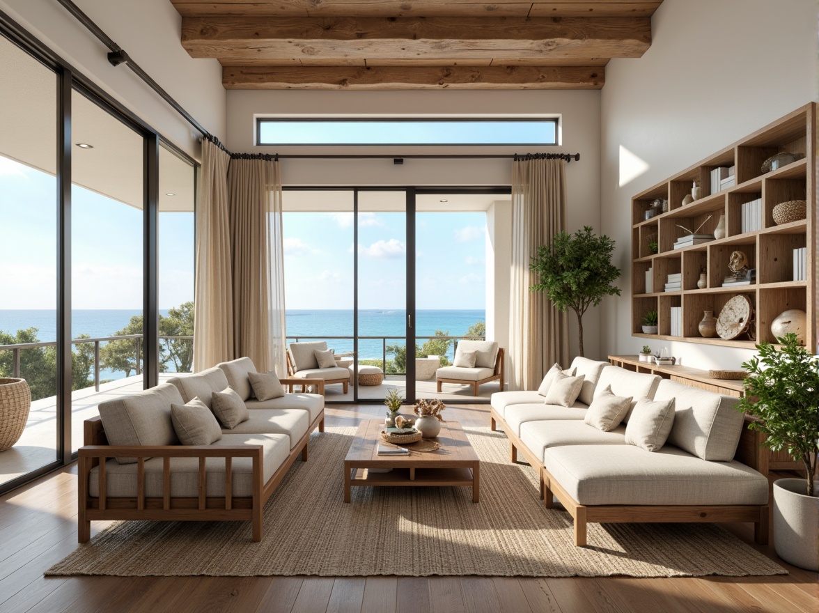 Prompt: Coastal living room, ocean-inspired color palette, driftwood accents, natural textiles, woven sea grass furniture, coral-patterned rugs, shell-adorned decorative walls, floor-to-ceiling windows, sliding glass doors, panoramic ocean views, soft warm lighting, beachy ambiance, minimalist decor, nautical-themed accessories, distressed wood flooring, plush sectional sofas, built-in shelving units, tropical plants, calming atmosphere, 1/1 composition, realistic reflections, ambient occlusion.